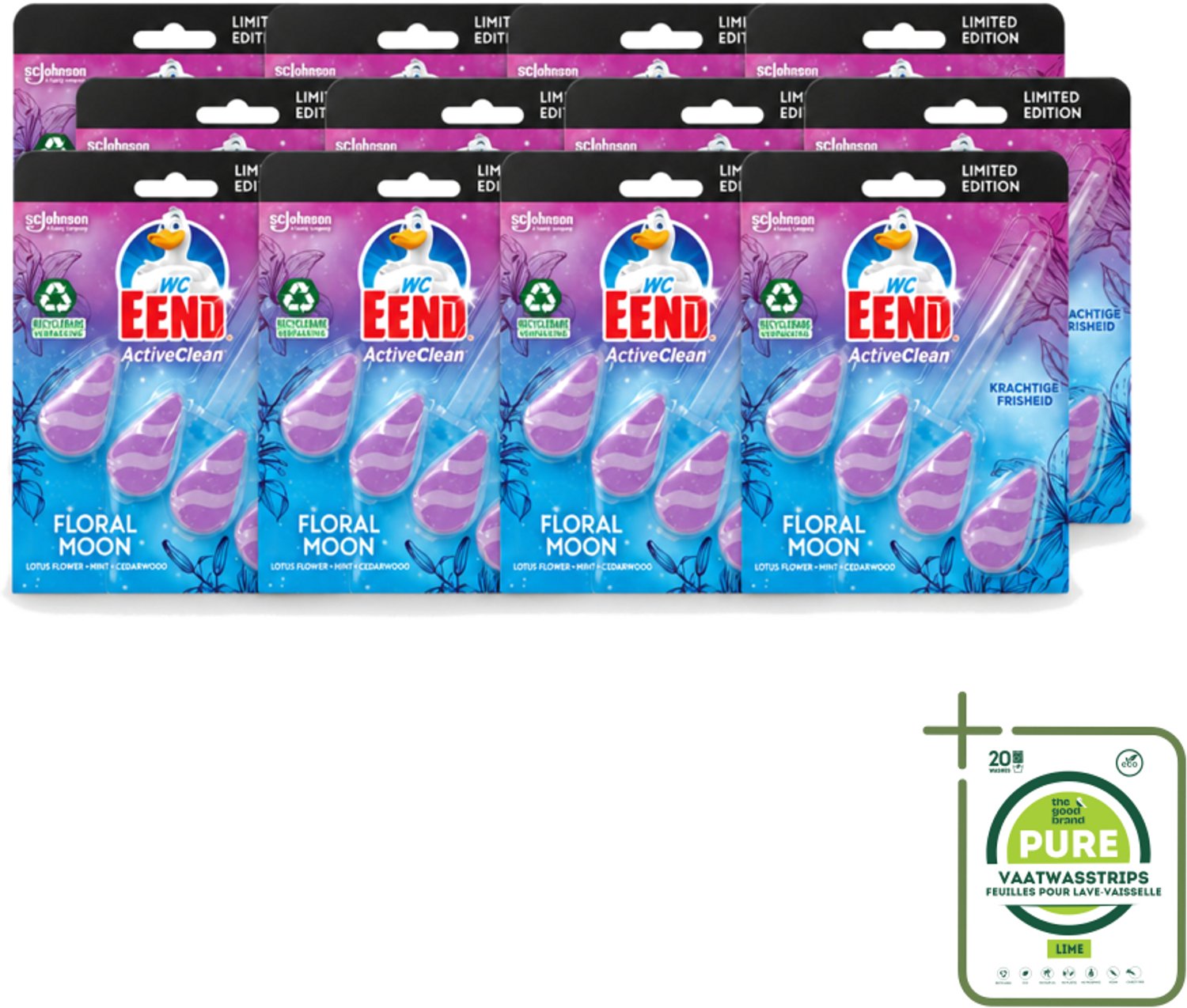 12 x WC Eend - Active Clean Floral Moon - Toiletblok - Lotus, Munt & Cederhout Geur - 38 gr - Grootverpakking - Vaatwasstrips - Toiletblok - Geur - Reiniging - Actieve Reiniging - Toilet
