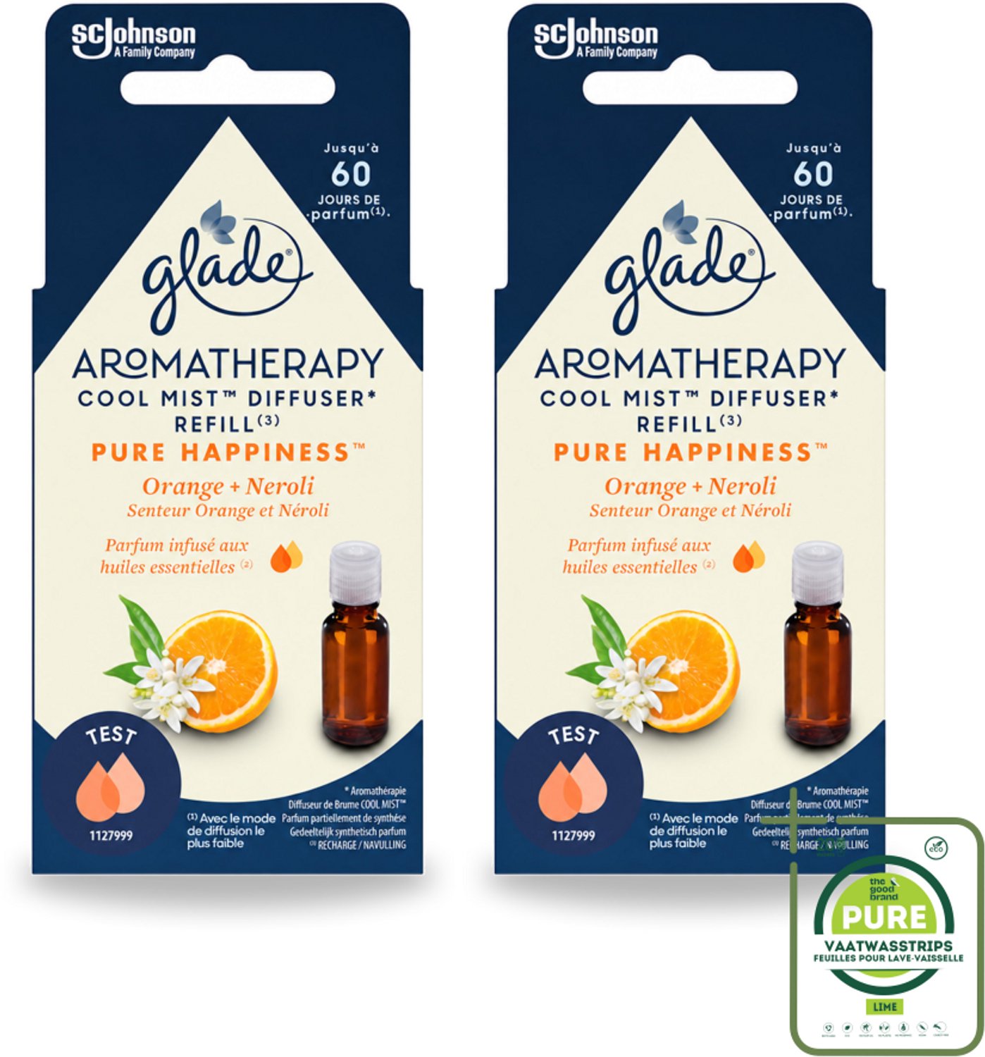 2 x Glade - Mistnavulling Pure Happiness - Aromatherapie - 17,4 ml - Grootverpakking - Aromatherapie - Geurverspreiding - Geurboost - Positieve Geur - Sinaasappelolie