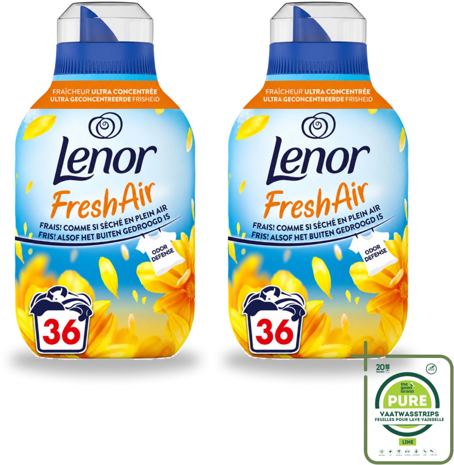 2 x Lenor - Wasverzachter - Fresh Air Zonnestralen - Ultra Geconcentreerd - 36 Wasbeurten - Grootverpakking - Vaatwasstrips - Wasverzachter - Buitenfrisheid - Zomerse Geur - Geurbescherming - Wasmachine