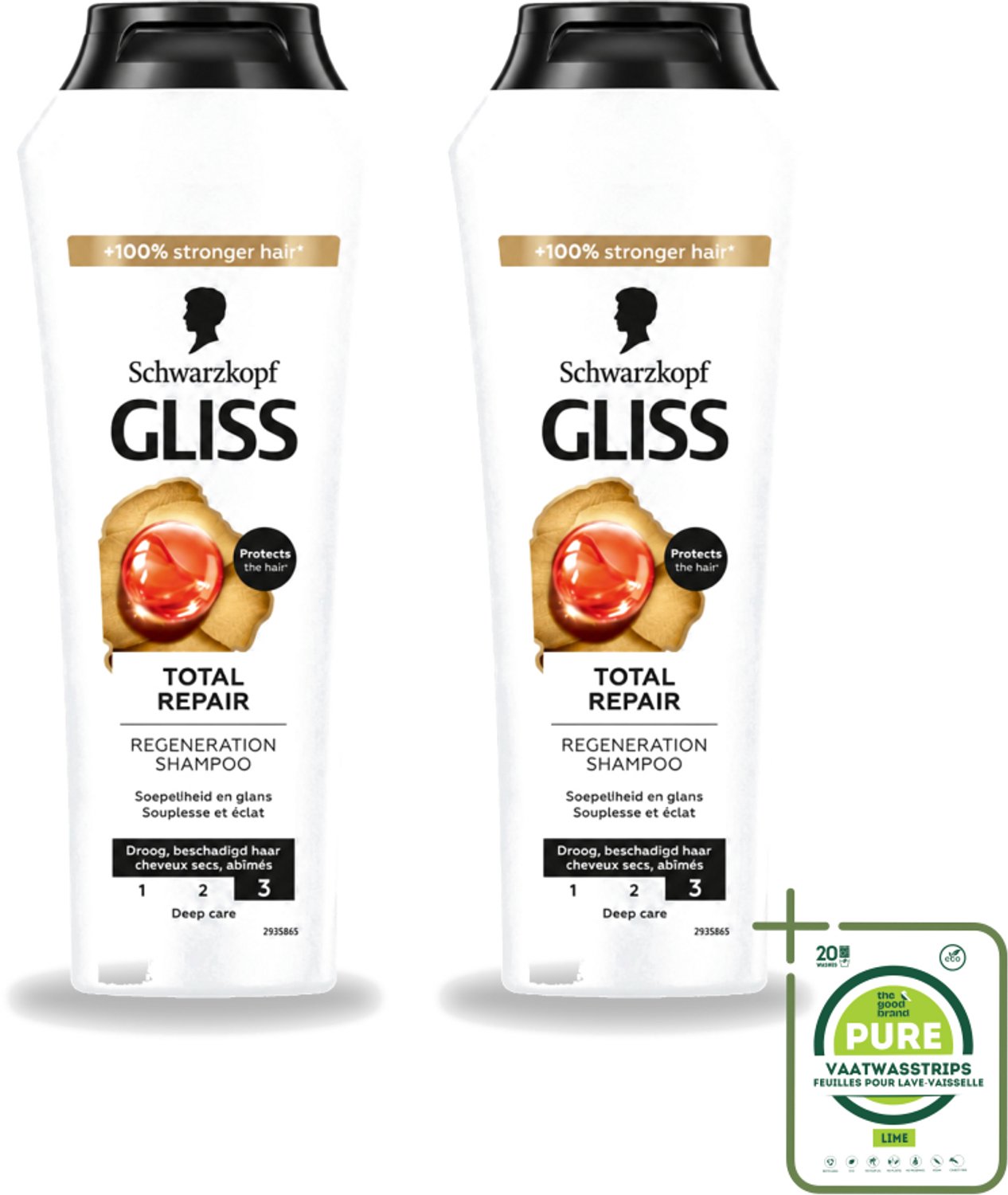2 x Gliss - Shampoo - Total Repair - Voor Intensief Haarherstel - 250 ml - Grootverpakking - Vaatwasstrips - Haarkracht - Haarherstel - Keratine - Haarverzorging - Haarbreuk