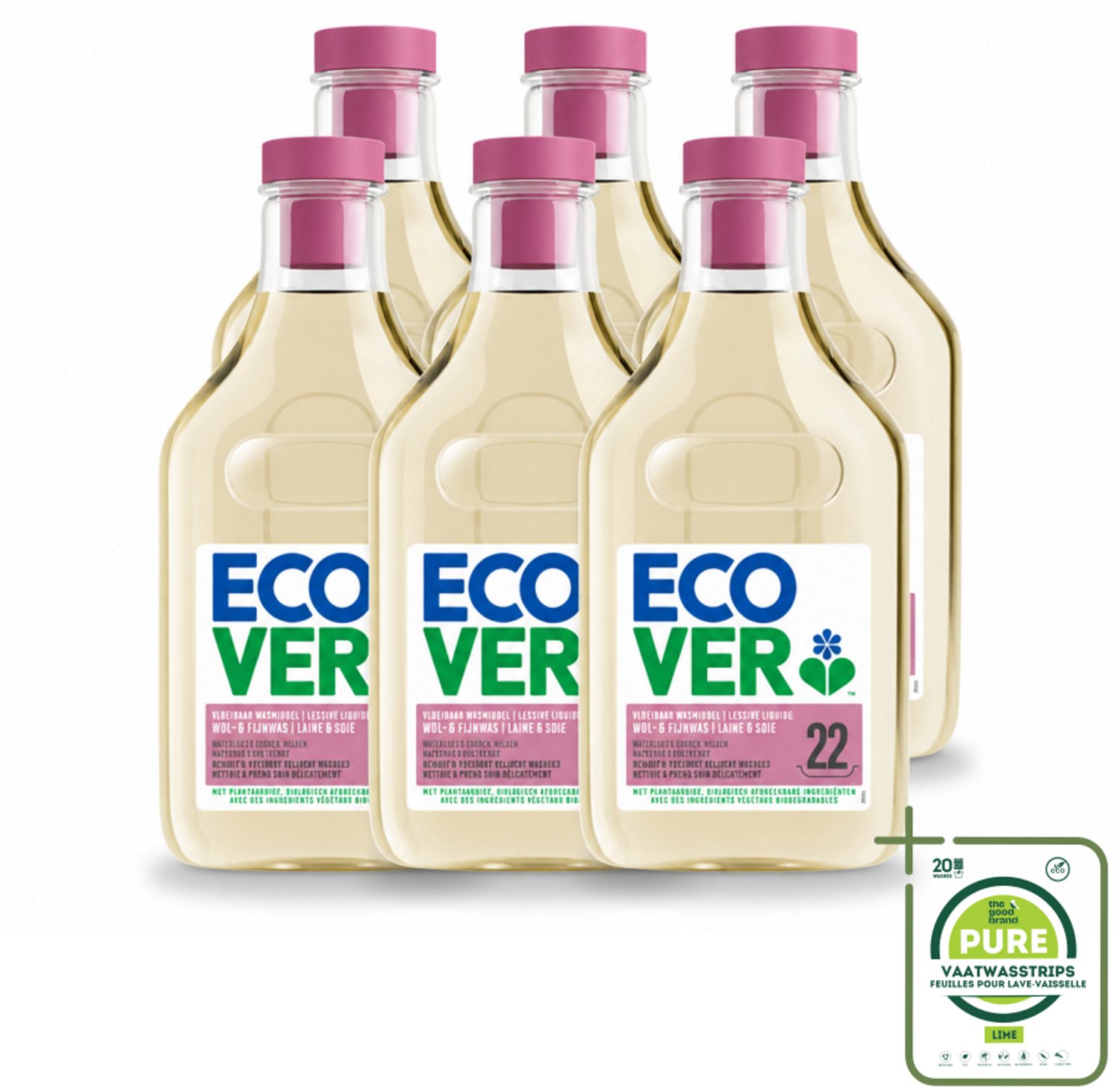 6 x Ecover - Vloeibaar wasmiddel - Wol & Fijnwas - 1 liter - 22 wasbeurten - Grootverpakking - Vaatwasstrips - Zachte Wasmiddelen - Wol Wasmiddel - Fijnwas - Delicate Stoffen - Biologisch Afbreekbaar