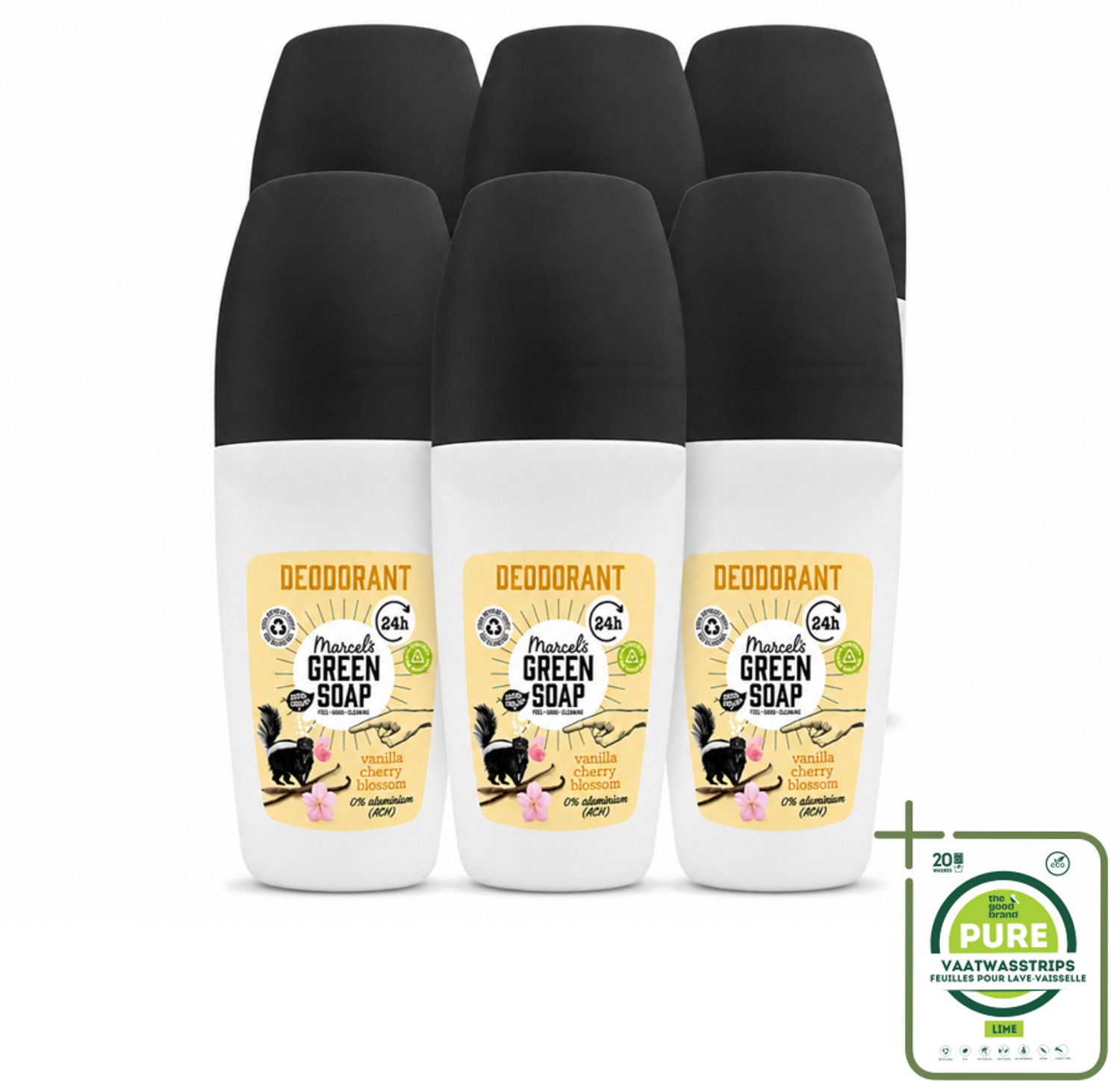 6 x Marcel's Green Soap - Deodorant Roller - Vanilla & Cherryblossom - Langdurige frisheid - 50 ml - Grootverpakking - Vaatwasstrips - Deodorant - Geur - Oksels - Frisheid - Duurzaam