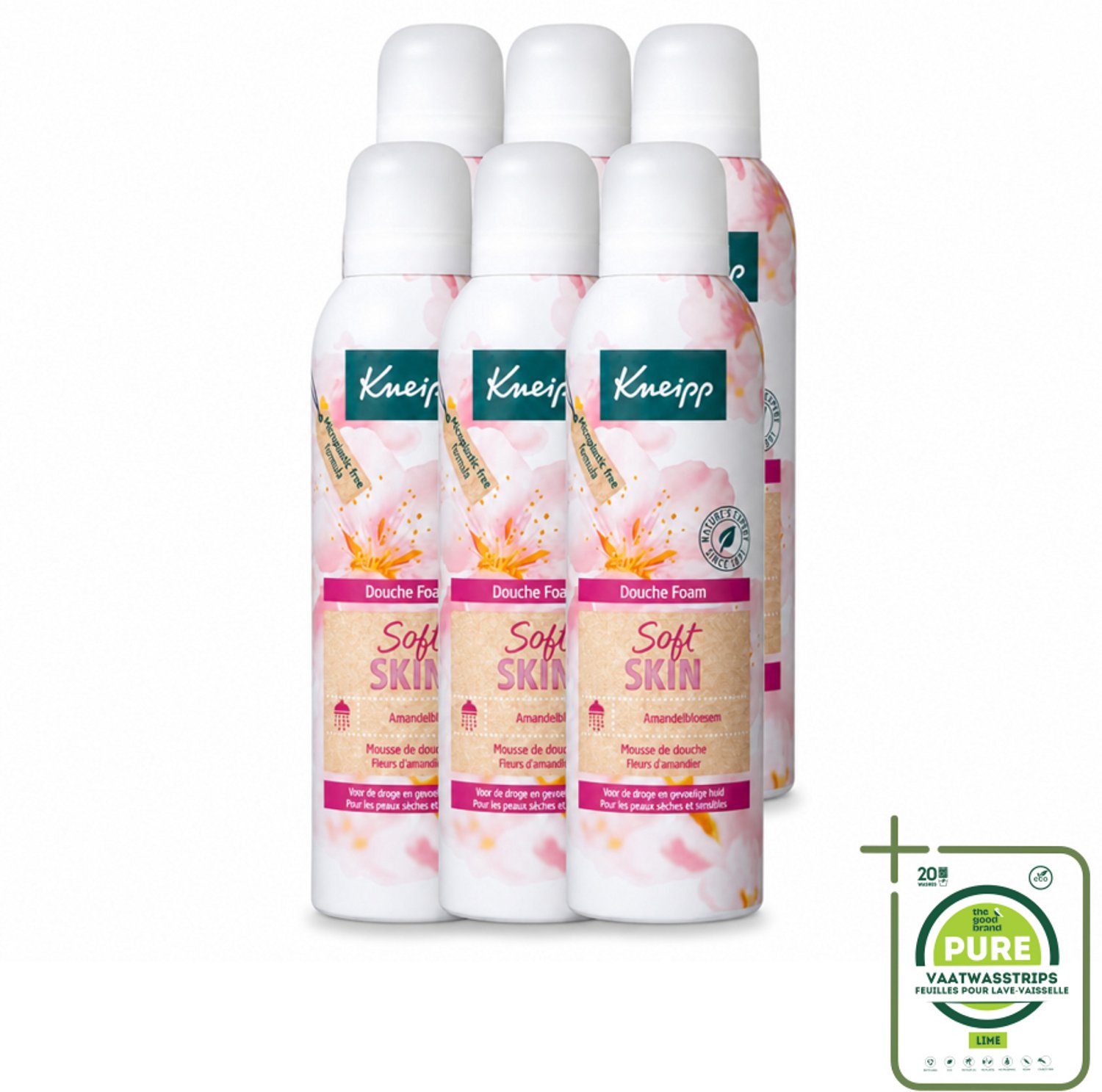 6 x Kneipp - Douche foam - Soft Skin - Voor droge en gevoelige huid - 200 ml - Grootverpakking - Vaatwasstrips - Douche Foam - Huidverzorging - Amandelbloesem - Droge Huid - Gevoelige Huid