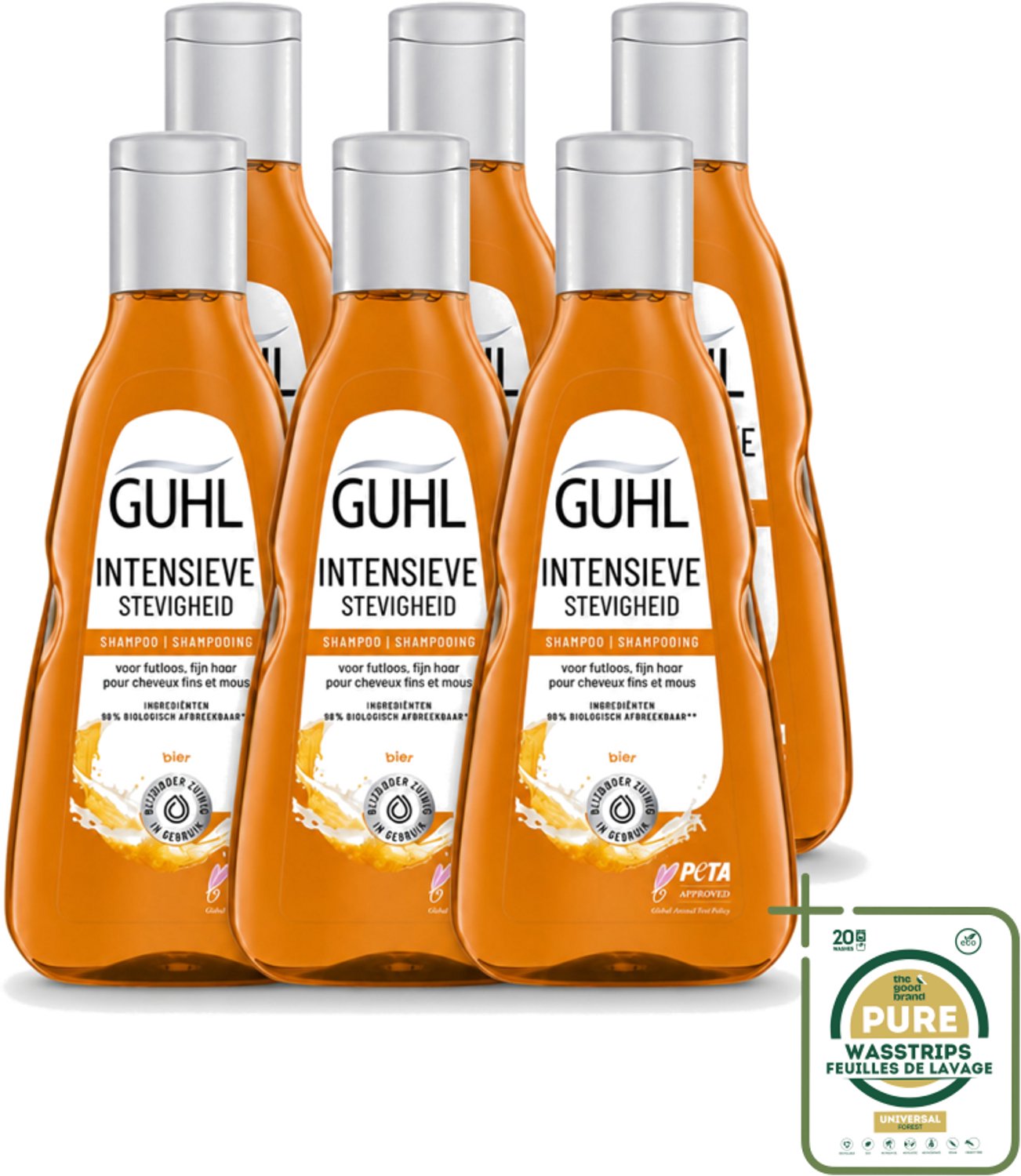 6 x Guhl - Shampoo - Intensieve Stevigheid - 250 ml - Wasstrips - Haarversterking - Intensieve Stevigheid - Bierextract Shampoo - Volume Haar - Krachtig Haar