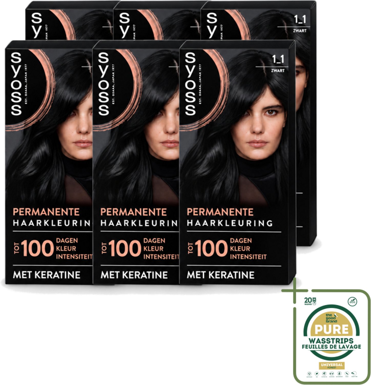 6 x SYOSS - Coloration 1-1 Zwart - Haarverf - Grijsdekking - Vermindert Haarbreuk - Wasstrips - Haarverf - Permanente Haarkleur - Grijsdekking - Keratine - Haarkleur Krachtig