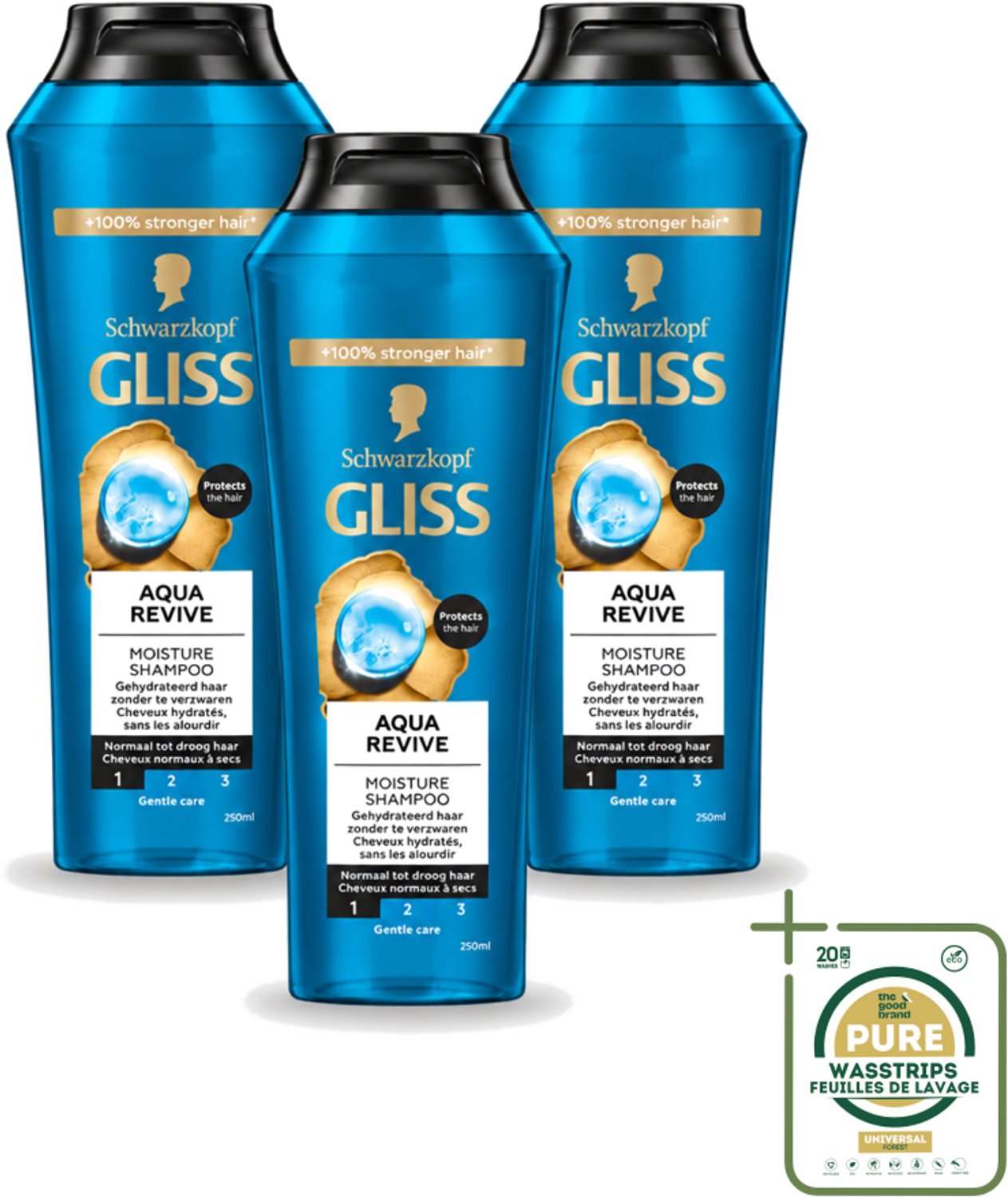 3 x Gliss - Shampoo - Aqua Revive - Voor Hydraterend en Fris Haar - 250 ml - Wasstrips - Hydraterend Haar - Droog Haar - Fris Haar - Schuimende Shampoo - Haar Verzorging