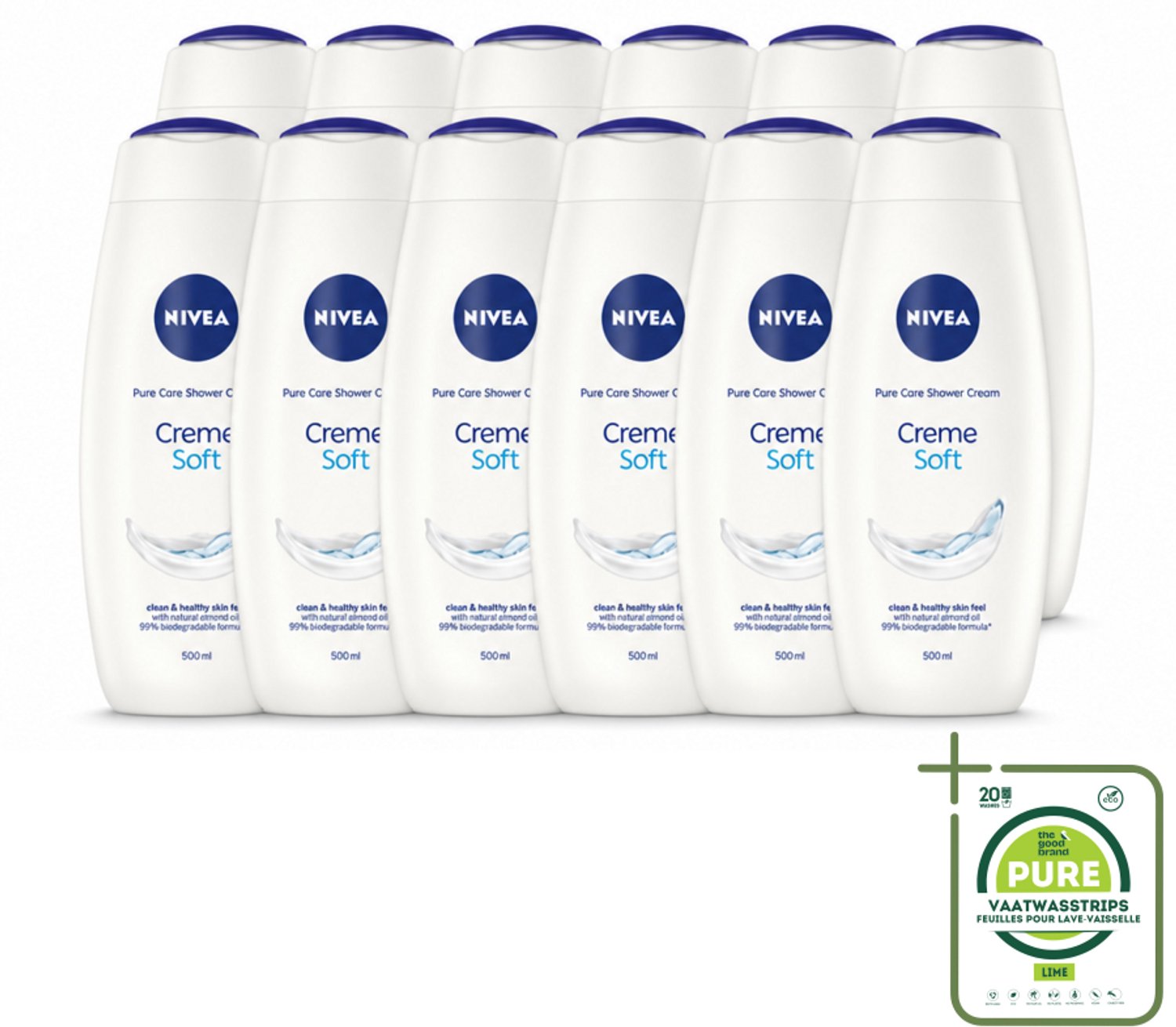 12 x NIVEA - Douchecrème - Zacht - Huidbeschermend - Amandelolie - 500 ml - Grootverpakking - Vaatwasstrips - Douchecrème - Huid Verzorgen - Amandelolie - Zijdezachte Huid - Hydratatie