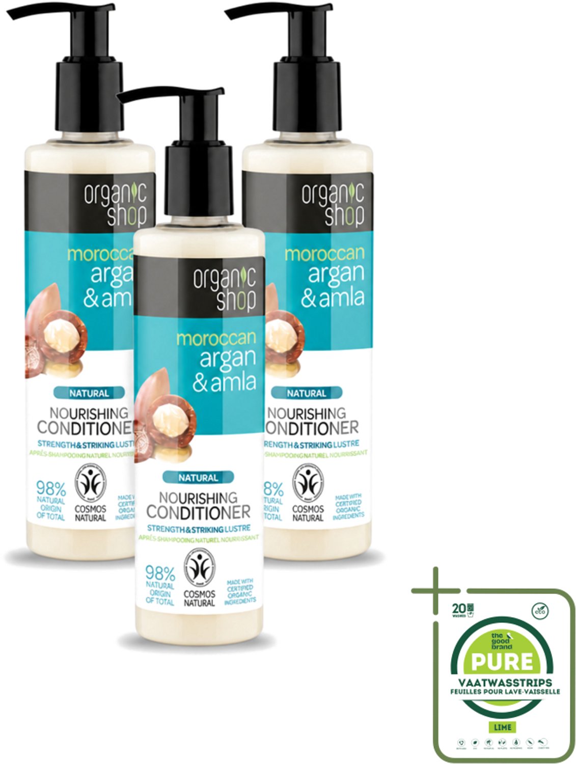 3 x Organic Shop - Conditioner Argan & Amla - Hydraterend en Verzorgend - 280 ml - Grootverpakking - Vaatwasstrips - Gekleurd Haar - Glans - Voeding - Natuurlijke Kleur - Haar Verzorging