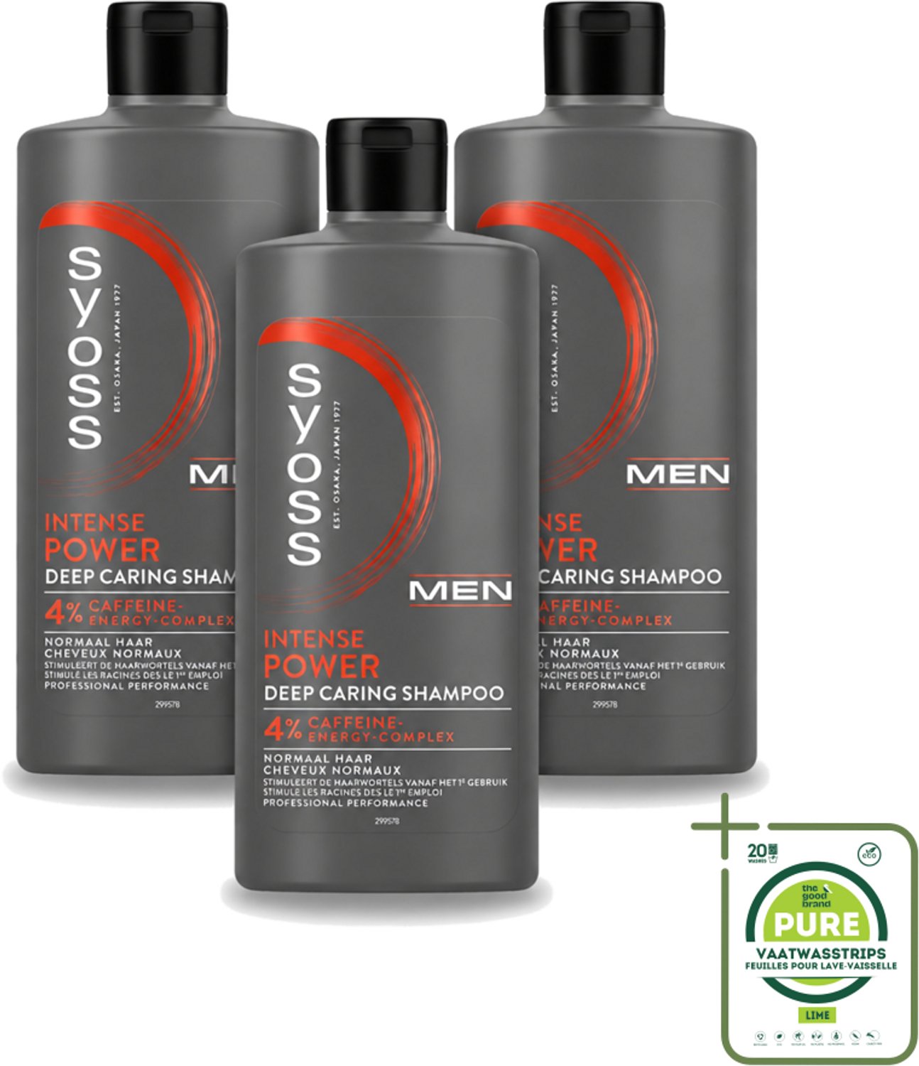 3 x SYOSS - Men Power - Shampoo - Langdurige Styling - 440ml - Grootverpakking - Vaatwasstrips - Mannelijk Haarverzorging - Krachtig Haar - Haar Stimulatie - Cafeïne Shampoo - Gezonde Haargroei