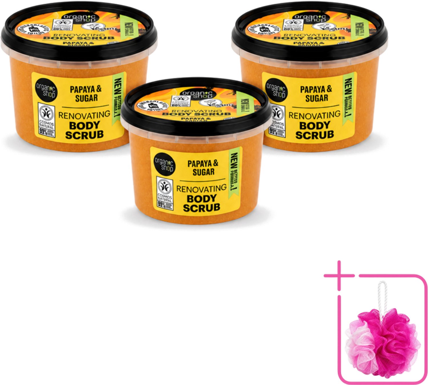 3 x Organic Shop - Body Scrub Papaya - Exfoliërend en Hydraterend - 250 ml - Bulkverpakking - Bodyscrub papaya - Douchemop - Exfoliatie huid