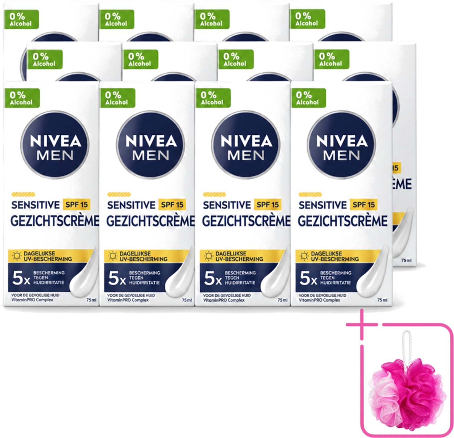 12 x NIVEA MEN - Sensitive - Gezichtscrème met SPF 15 - 75 ml - Bulkverpakking - Gevoelige huid - Douchemop - Gezichtscreme