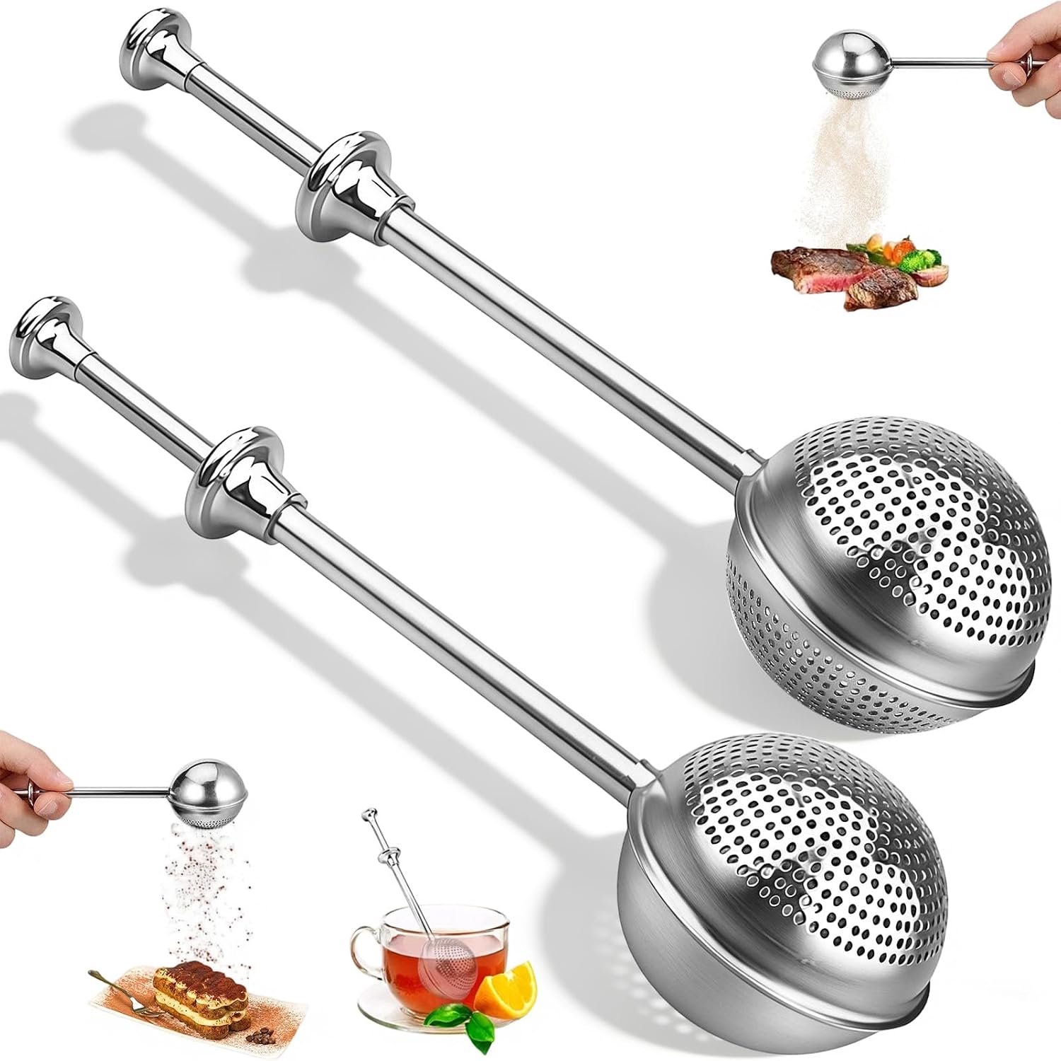 2 thee-ei met telescopische handgreep, theefilter van roestvrij staal 304, theeballen voor losse thee, theezeef, strooier voor suiker, cacao, meel, specerijen, koffie, gebak