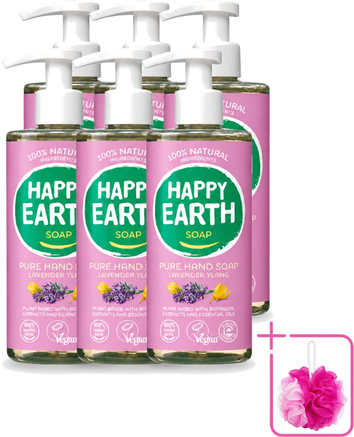 6 x Happy Earth – Handzeep – 100% Natuurlijk Lavender Ylang – 300 ml - Bulkverpakking - Natuurlijke handzeep - Douchemop - Vegan handzeep