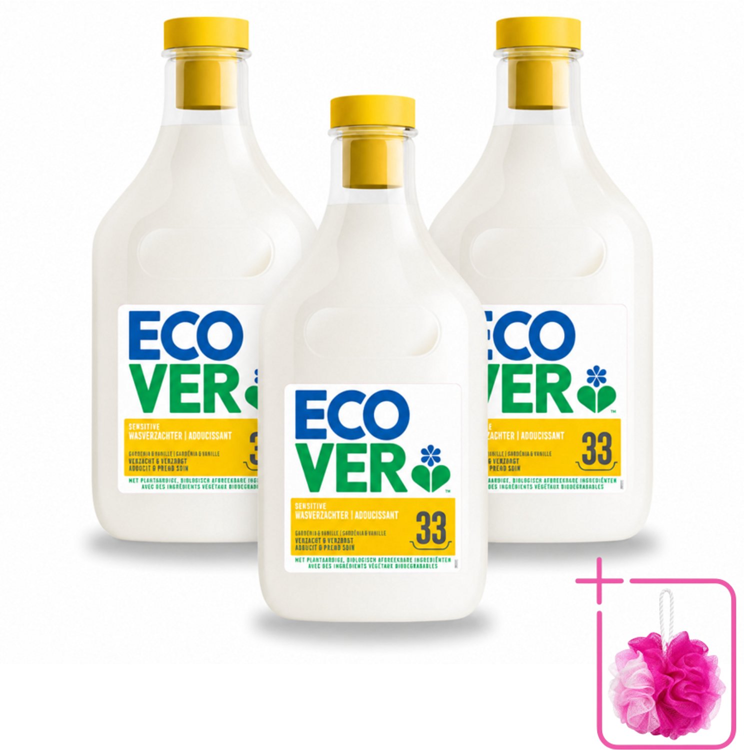 3 x Ecover - Wasverzachter - Gardenia - 1 liter - 33 wasbeurten - Bulkverpakking - Wasverzachter - Douchemop - Wasverzachter gardenia en vanille