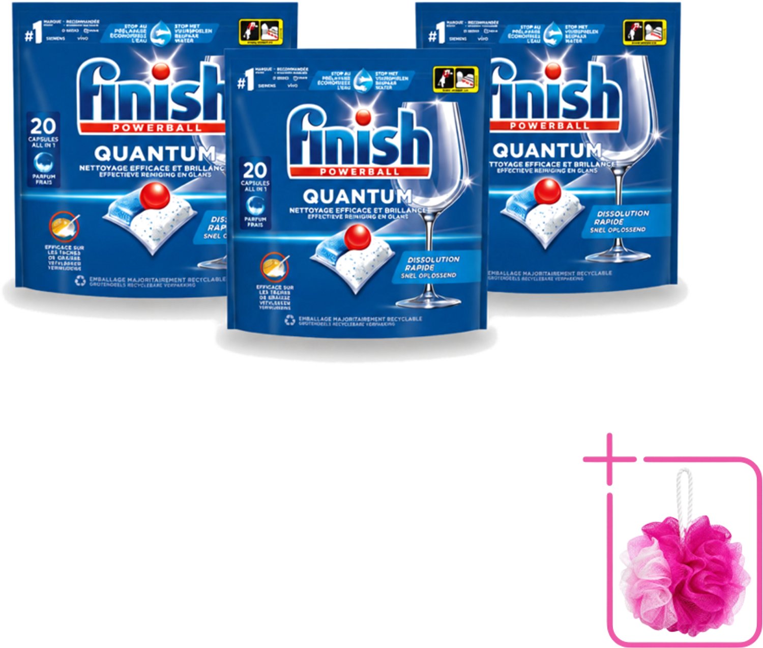3 x Finish - Vaatwasmiddel - Quantum Vaatwastabletten Regular - Diepe Reiniging - 20 capsules - Bulkverpakking - Vaatwasmiddel - Douchemop - Vaatwasmiddel Quantum