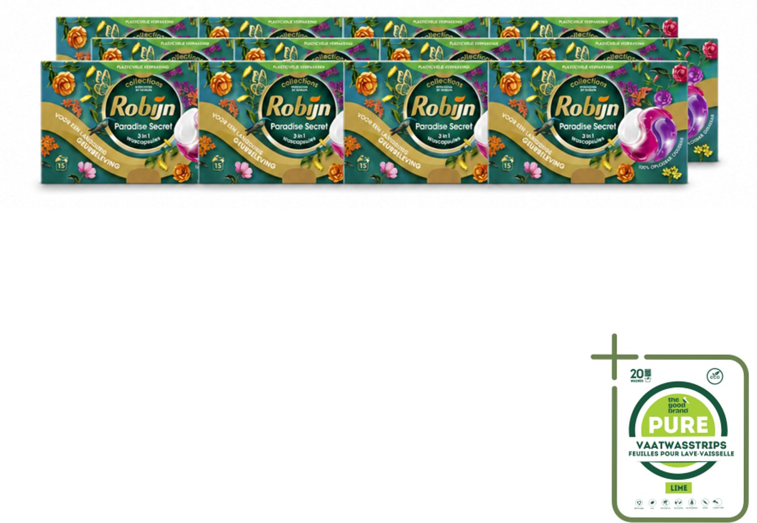 12 x Robijn – 3-in-1 Wascapsules – Paradise Secret - 15 Capsules - Grootverpakking - Vaatwasstrips - Wascapsules - Kleurbescherming - Wasgeur - 3-in-1 - Wasbeurt