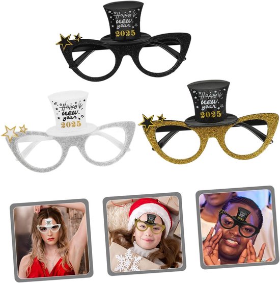 3 Stuks Delige Feestbril met Glinsterende Kattenoogframes in Zilver Goud Zwart Lichtgewicht voor Nieuwjaarsvieringen Fotohokjes Feestdecoratie — afbeelding 5