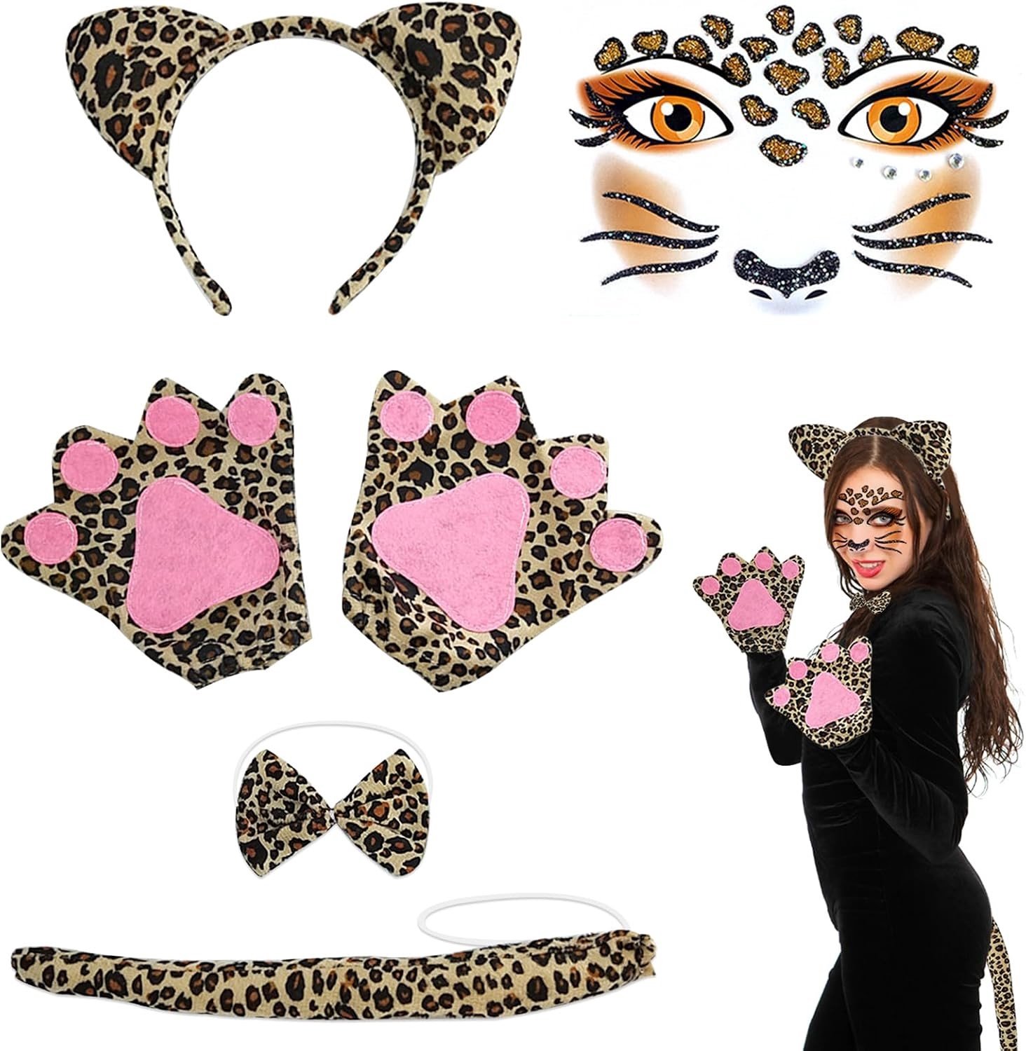 Leopard Kostuum Set voor Dames - 6 Delige Outfit met Oren, Staart, Haarband, Handschoenen en Gezichtsstickers voor Halloween en Carnaval