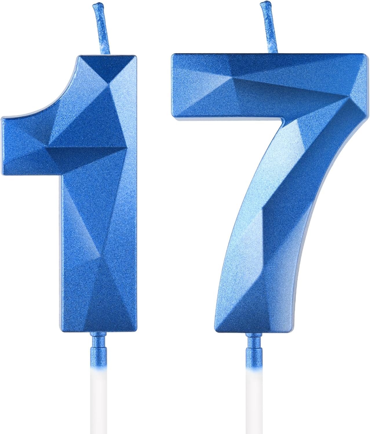 Saffiere Blauwe 17e Verjaardagskaarsen voor Taart, Nummer 17 Kaars voor 17e Verjaardagsdecoraties, 3D Ontwerp Taarttopper Decor voor Jongens Meisjes Mannen Verjaardag Thema Feest Bruiloften Jubileum