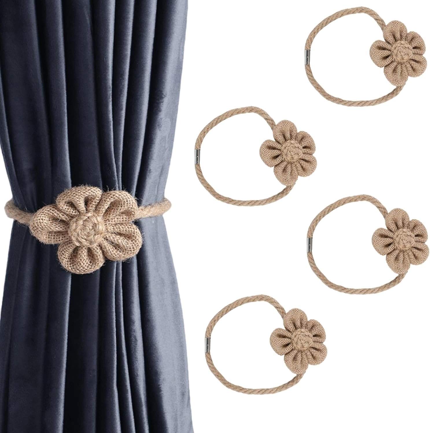 Sterke Magnetische Gordijn Tiebacks set van 4 Magnetische Gordijnclips van Katoen En Linnen Met Zonnebloemmotief 43cm Zonder Boren Beige