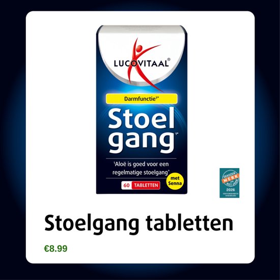 Verpakking van Lucovitaal Stoelgang tabletten met 60 tabletten en Senna. Met de slogan 'Darmfunctie'.