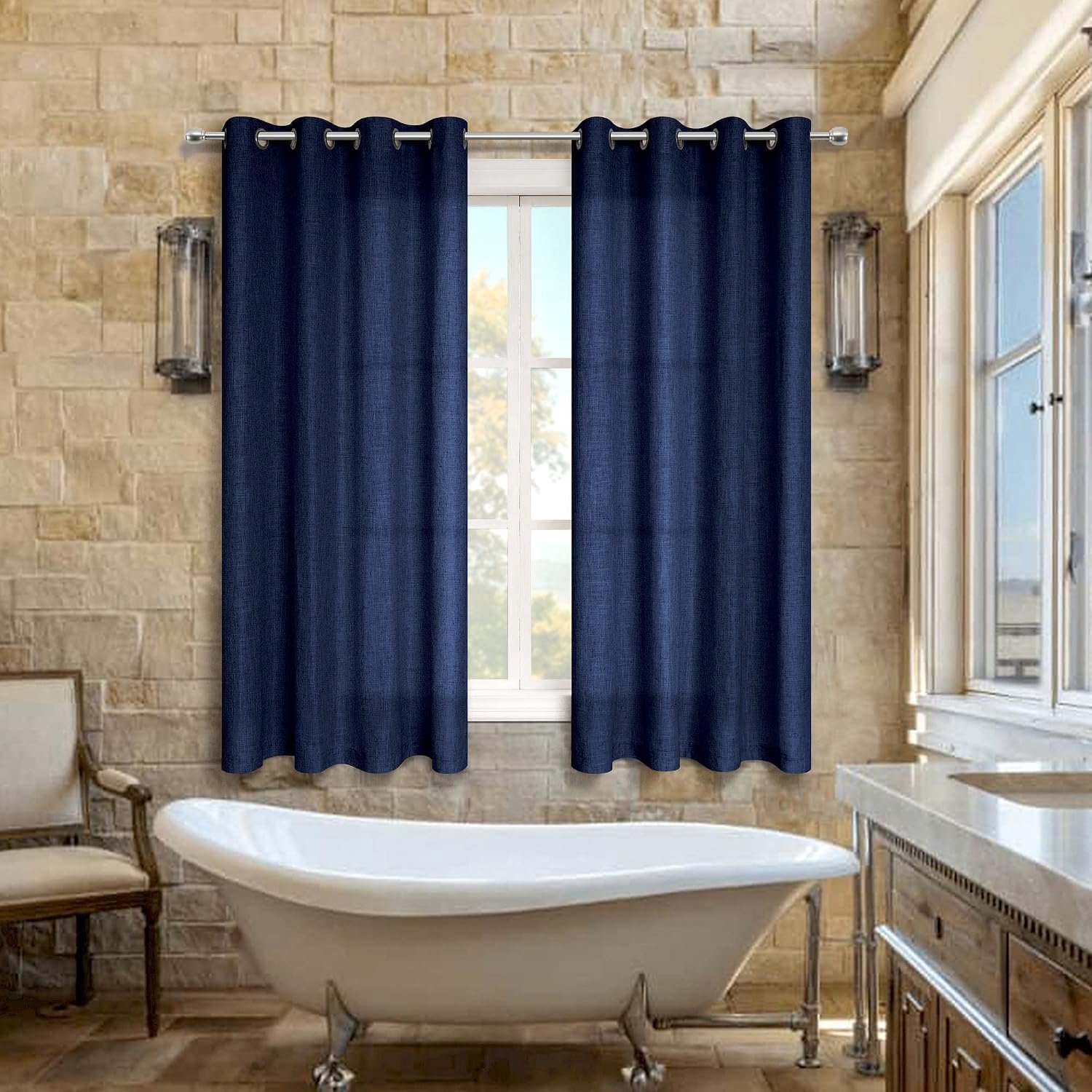 Marineblauwe gordijnen voor keukendeur raam badkamer 45 inch lengte 2 panelen linnen cafe maat semi-pure tier gordijnen voor slaapkamer raam donkerblauw