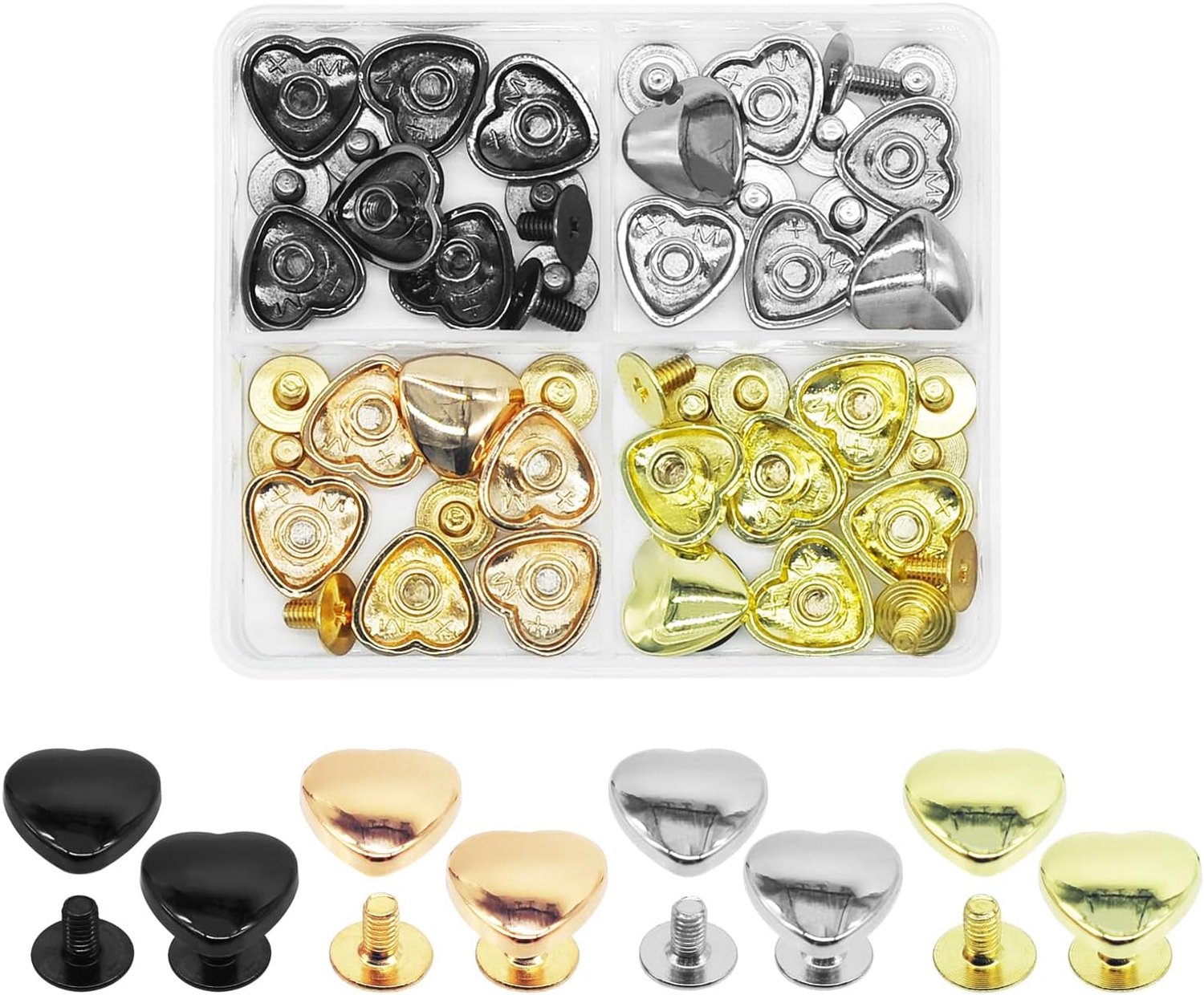 24 stks 4 Kleuren Klinknagels voor Leer 12mm Heldere Zwarte Hartvormige Decoratieve Klinknagel Kledingstuk Klinknagel Gebruikt voor Tassen, Kraag, Riem, Kleding, Portemonnee, Handtas, DIY