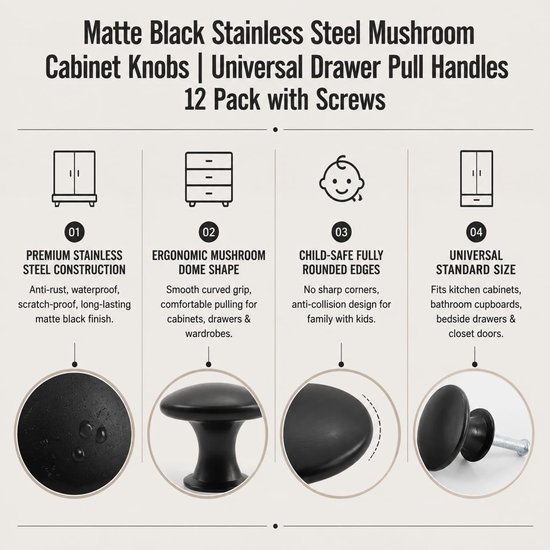 12 stuks deurknoppen voor kasten, ronde handgreep, meubelknop, keuken, zinklegering, meubelgreep voor keuken, badkamer, kast, lade, commode, kast, zwart — afbeelding 5