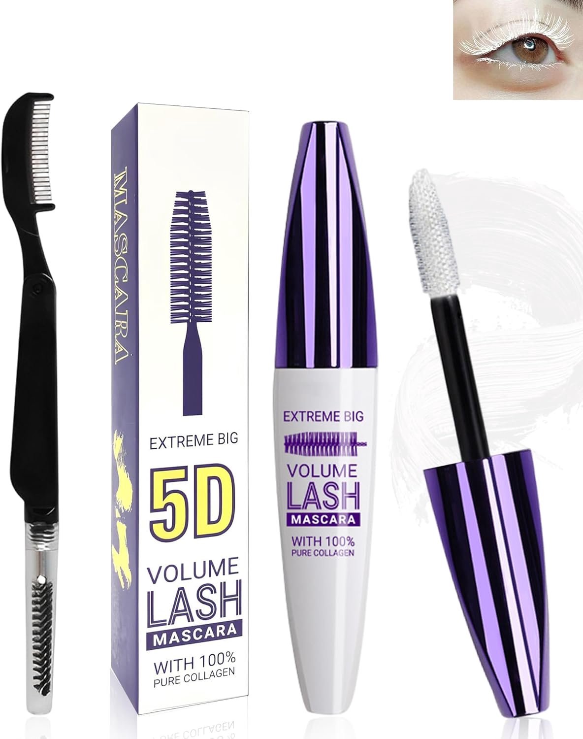 5D Witte zijdevezel wimpers mascara waterbestendig met wimperkam borstel, Witte Telescopische Waterbestendige Gekleurde Mascara, Verlengend, Volumeus, Langdurig, Cosplay Party Gebruik Kleurrijke Ogen