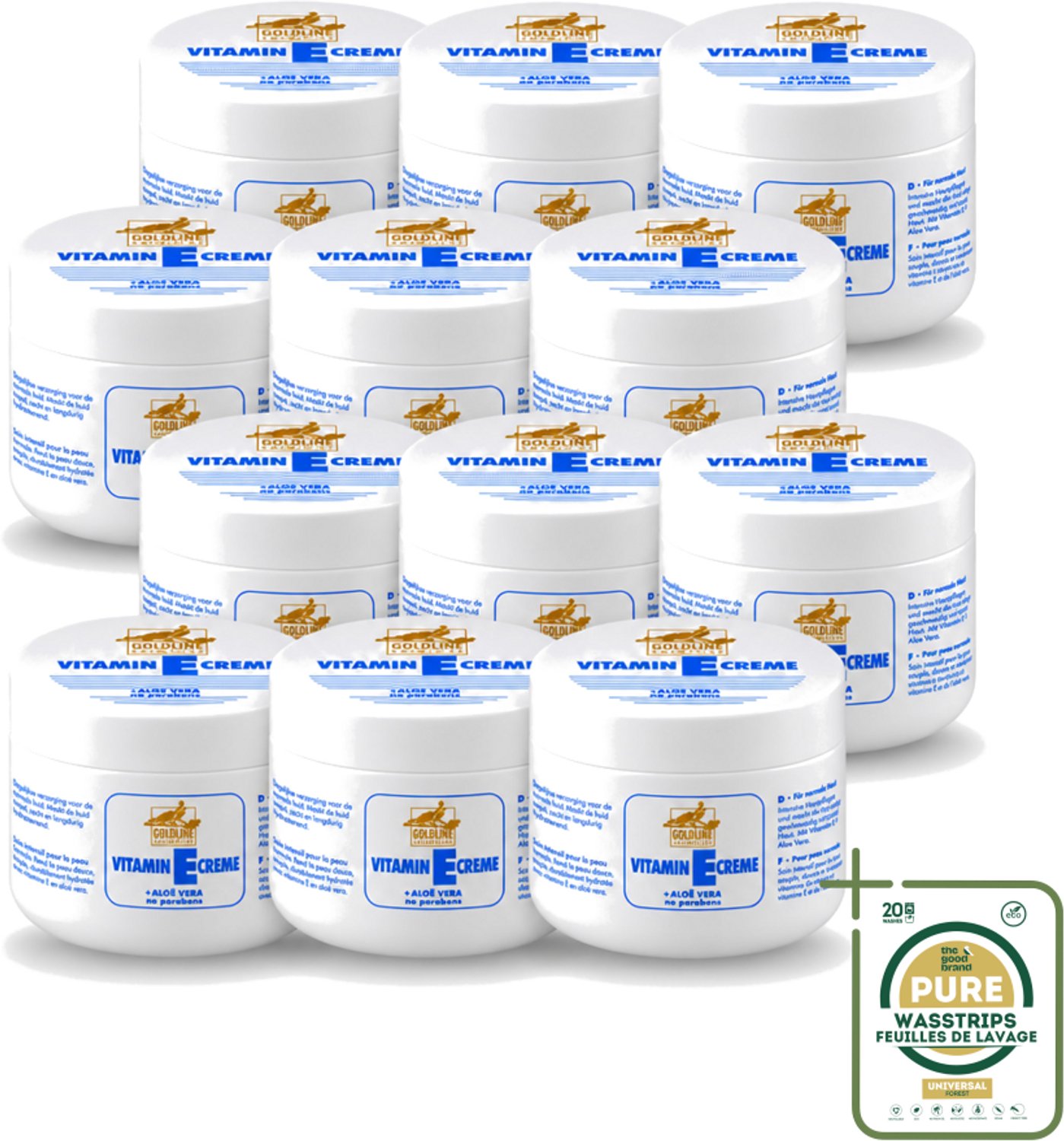 12 x Goldline - Bodycrème - Vitamine-E & Aloë Vera - Normale Huid - Hydraterend - 250 ml - Wasstrips - Bodycrème - Vitamine E - Aloë Vera - Hydraterend - Huidverzorging