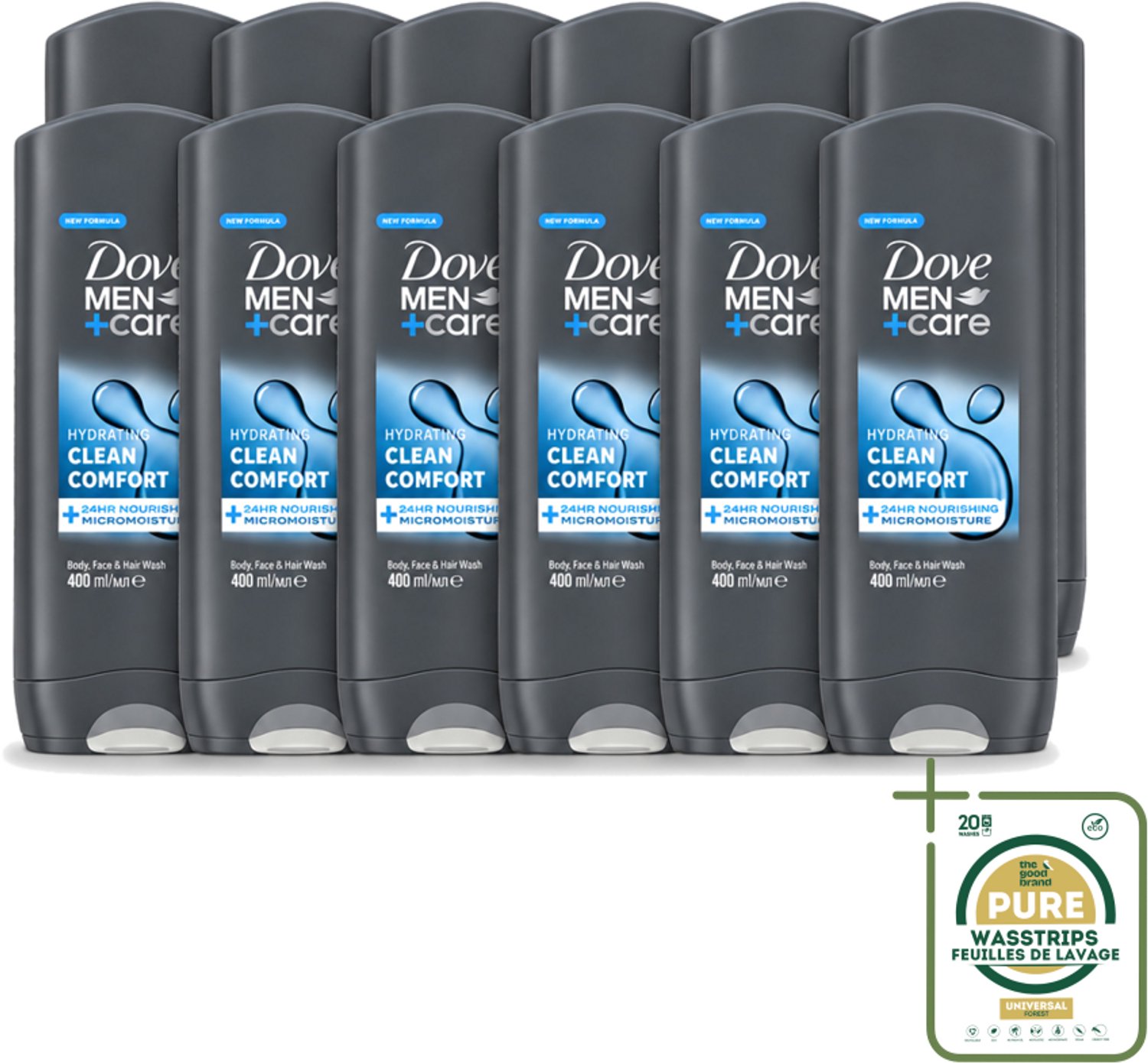 12 x Dove - Douchegel - Men+ Care Clean Comfort - Comfort en verzorging - 400 ml - Wasstrips - Douchegel - Mannelijke Verzorging - Hygiëne - Energie - Frisheid