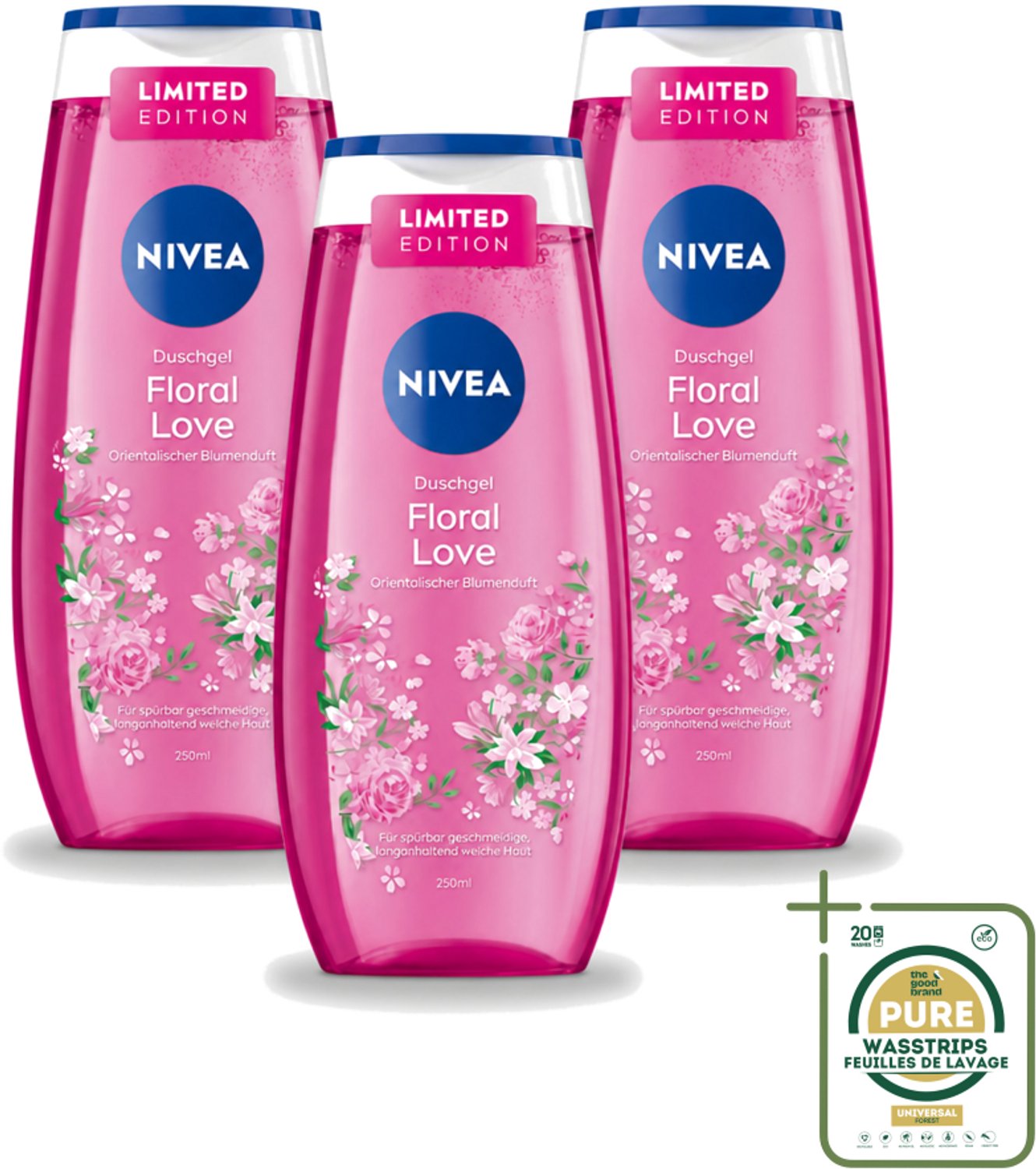 3 x Nivea – Douchegel – Floral Love – 250 ml - Wasstrips - Douchegel - Bloemige Geur - Zachte Huid - Verzorgende Douche - Huidverzorging