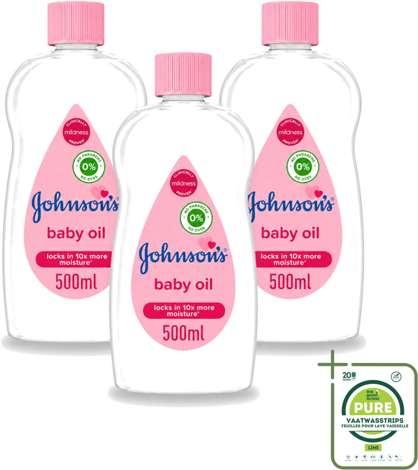 3 x Johnson's - Baby Olie - Verzachtend - Hydraterend - 500 ml - Grootverpakking - Vaatwasstrips - Babyolie - Babyhuid Verzorgen - Hydraatende Olie - Verzachtende Olie - Babymassage
