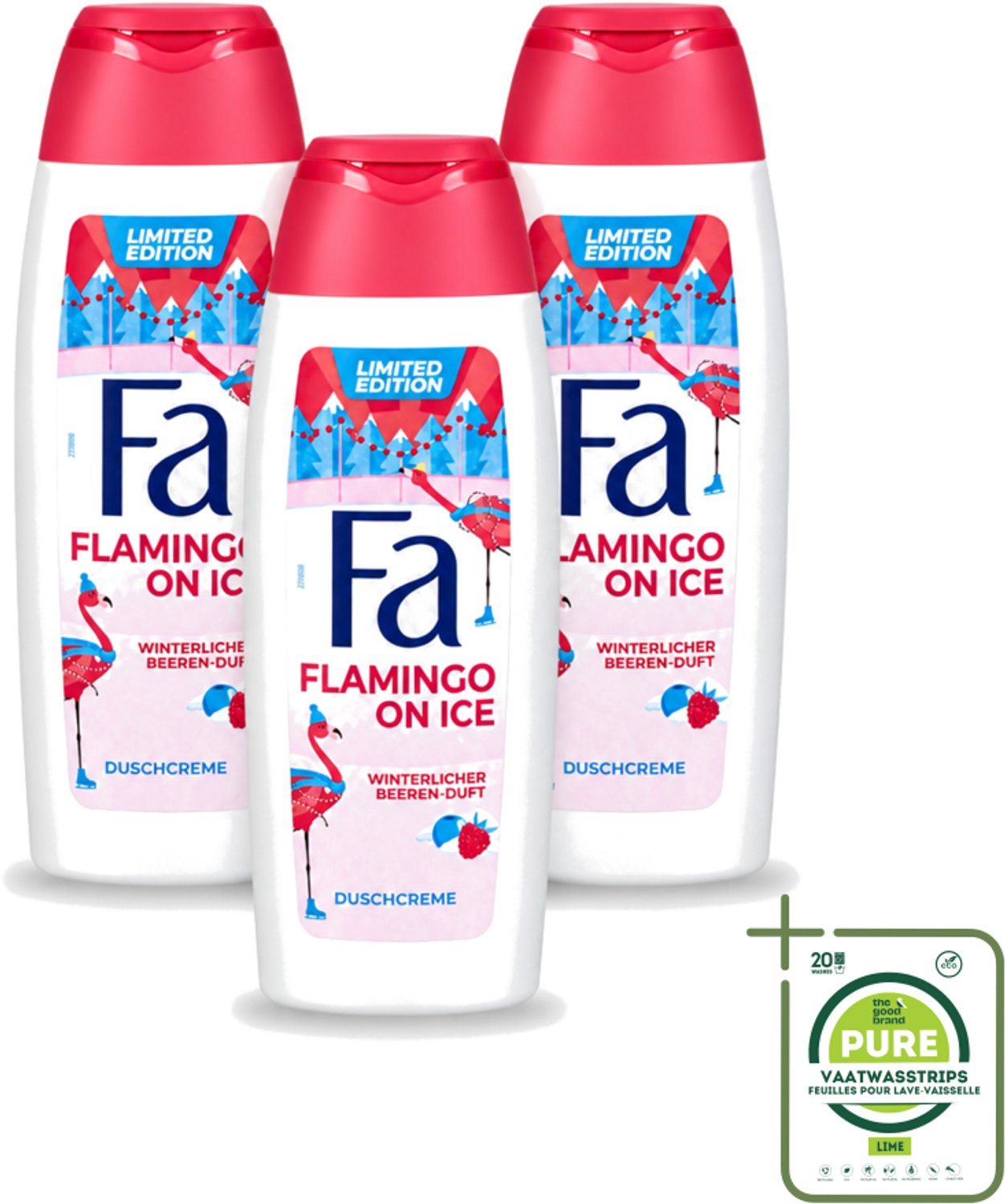 3 x Fa - Douchegel - Winter Flamingo On Ice - Verfrissend & Koel - Hydraterend - 250 ml - Grootverpakking - Vaatwasstrips - Douchegel Winter - Frisse Douchegel - Koele Douchegel - Hydraterende Douchegel - Yoghurt Douchegel