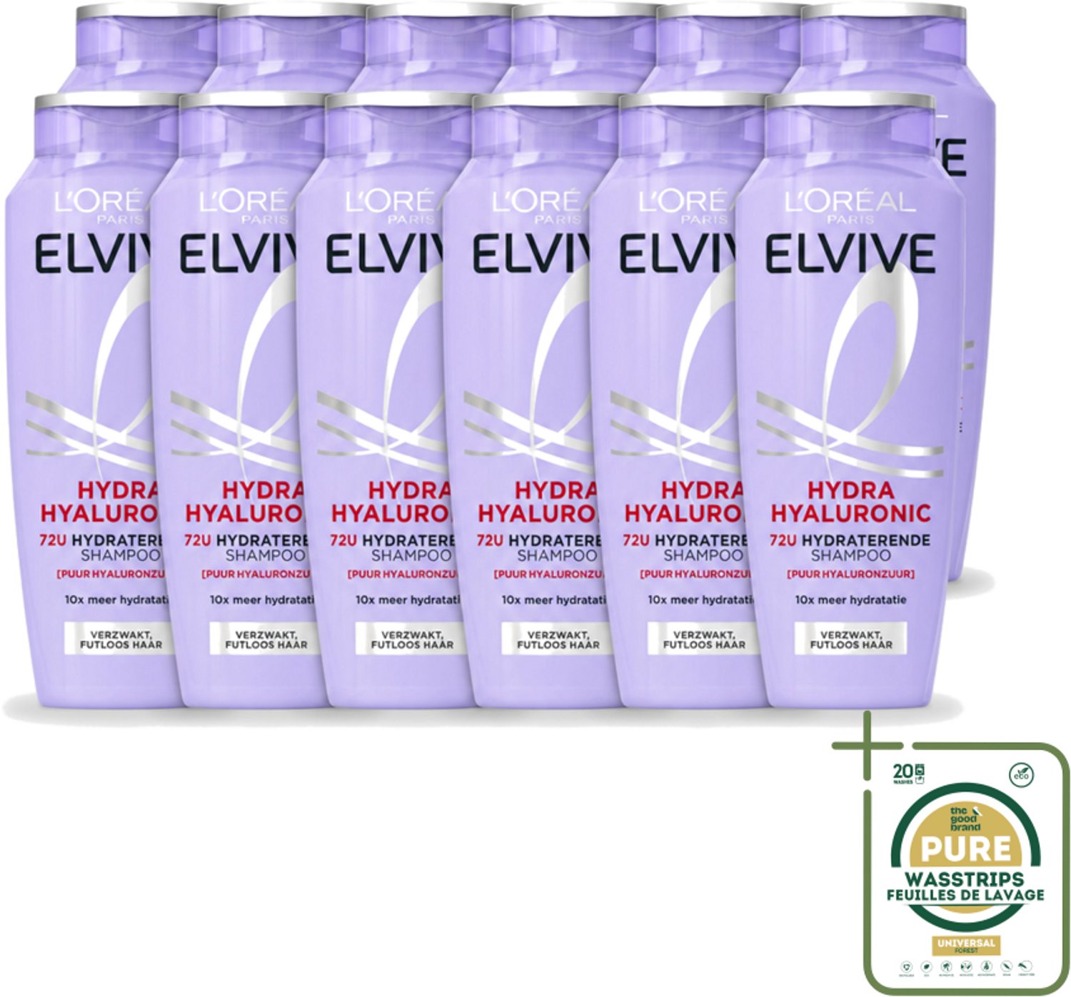 12 x L’Oréal Paris Elvive – Shampoo – Hydra Hyaluronic – Hydraterend – 250 ml - Wasstrips - Hydra Hyaluronic Shampoo - Droog Haar Shampoo - Hyaluronzuur Shampoo - Intensieve Hydratatie - Haar Hydrateren