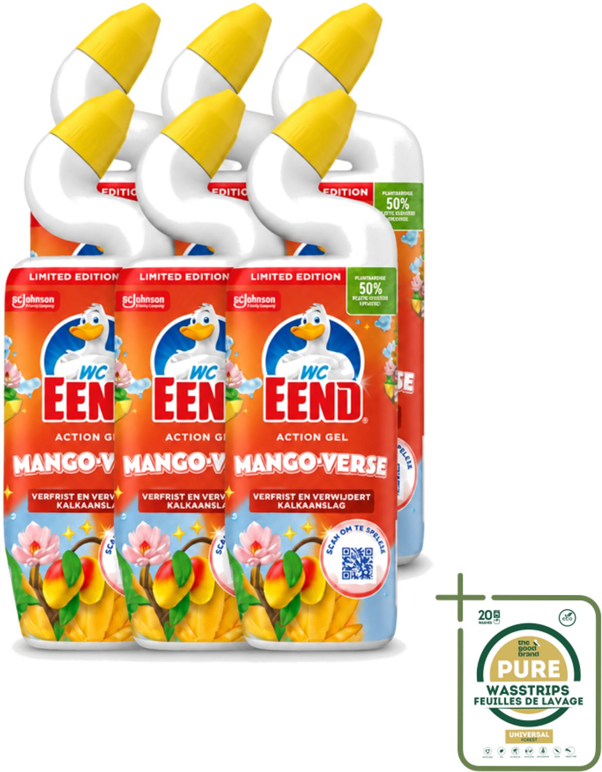 6 x WC Eend – Toiletgel – Action Gel Mango Fresh – 750 ml - Wasstrips - Toiletreiniger - Toiletgel - Kalkaanslag Verwijderen - Hygiëne - Toilet Reinigen