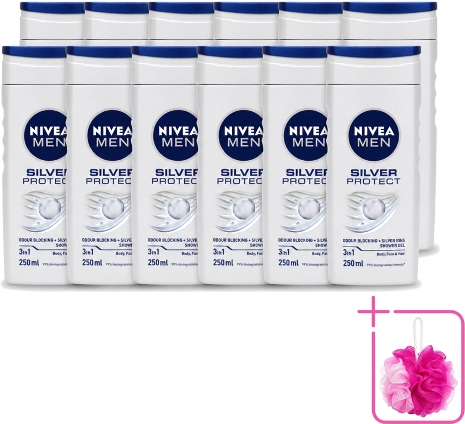 12 x Nivea Men – Douchegel – Silver Protect – 250 ml - Bulkverpakking - Douchegel mannen - Douchemop - Zilverionen