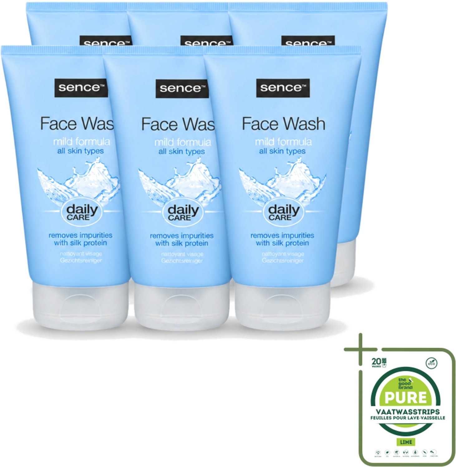 6 x Sence - Alle Huidtypes - Face Wash - Verfrissend - 150 ml - Grootverpakking - Vaatwasstrips - Face Wash - Huid Reinigen - Huid Verzorgen - Huid Verfrissen - Zijdeproteïne