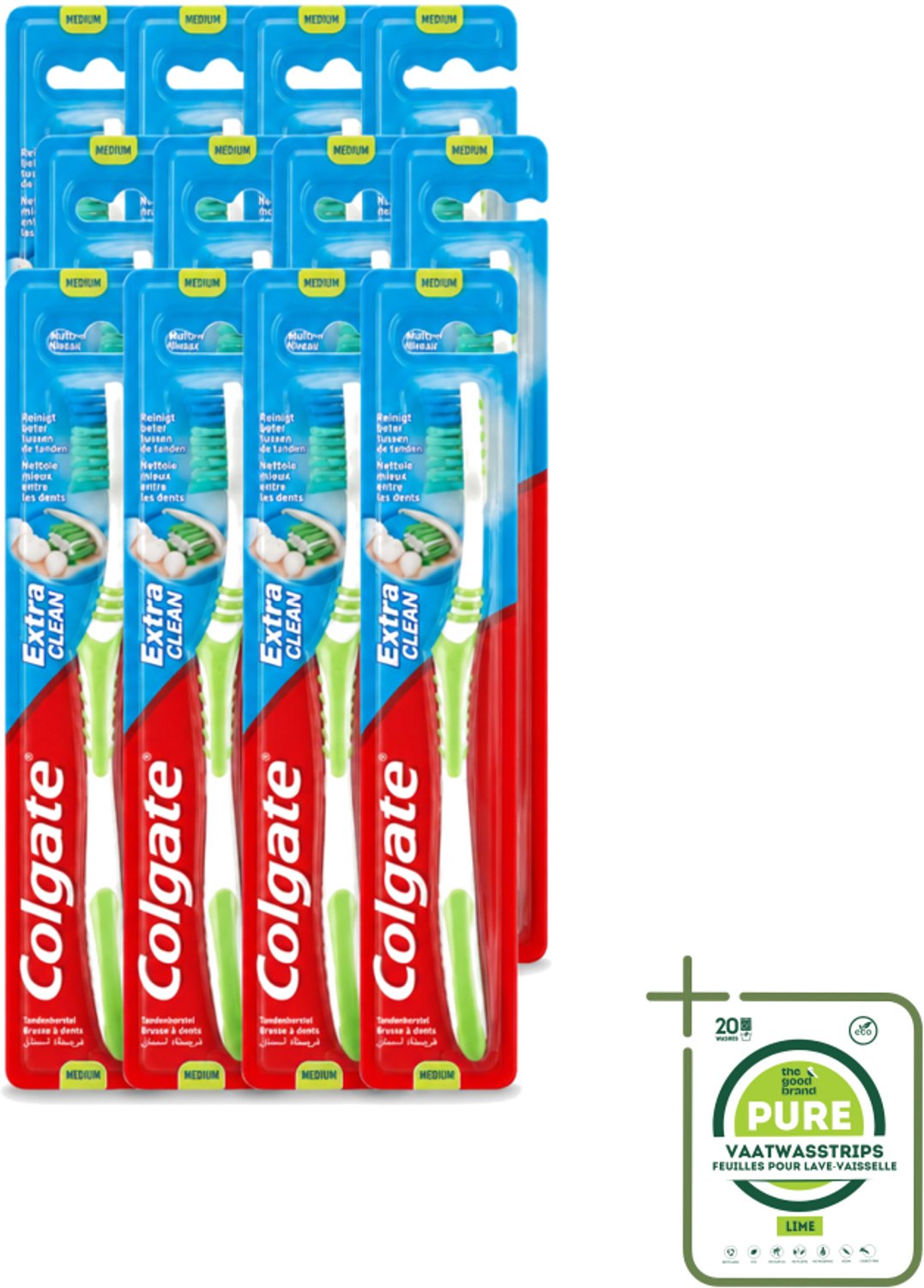 12 x Colgate - Tandenborstel - Extra Clean Medium - 1 Tandenborstel - Grootverpakking - Vaatwasstrips - Tandenborstel - Tandenpoetsen - Tandenborstel Medium - Tandenborstel Extra Clean - Tandenborstel Gebogen Kop