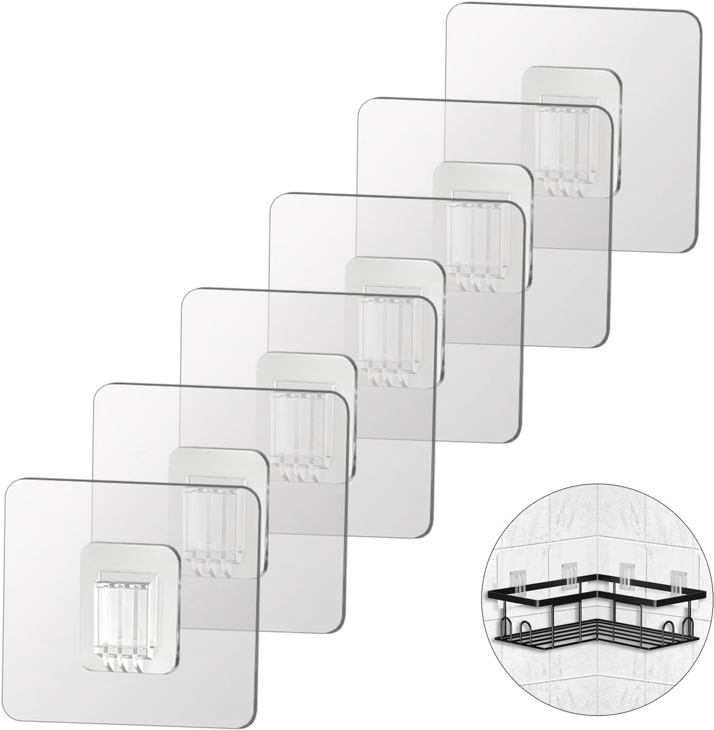SnelShoppen - 6 Stuks Vervangende Adhesieve Haakjes voor Douche Caddy - Transparante Haakjes 7x7cm voor Badkamer, Keuken en Douche - Waterdicht en Duu