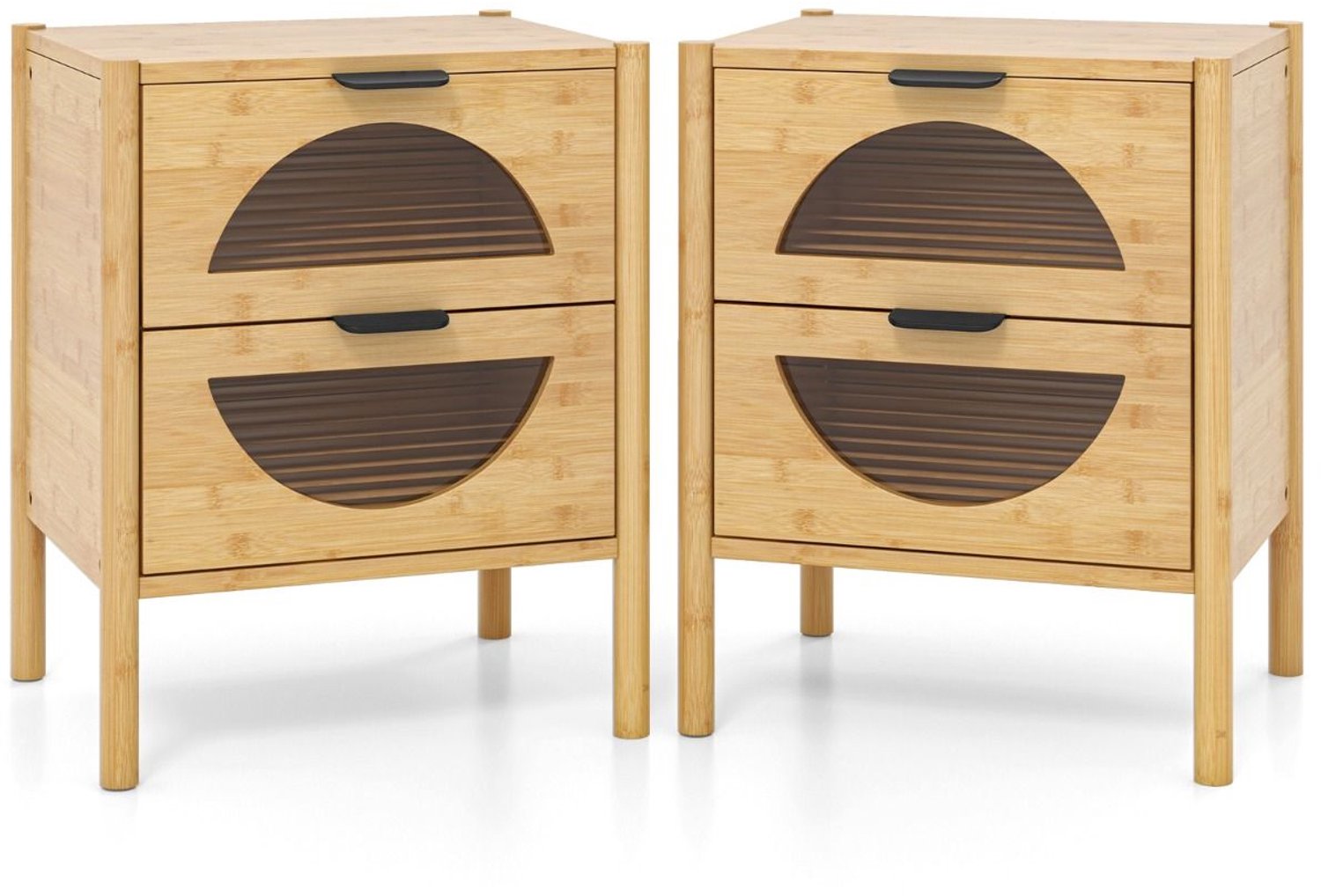 SureDeal® - Nachtkastje - Bamboe Nachttafeltje Mid - Opberglades - Gehard Glas - 45x40x56 cm - Naturel