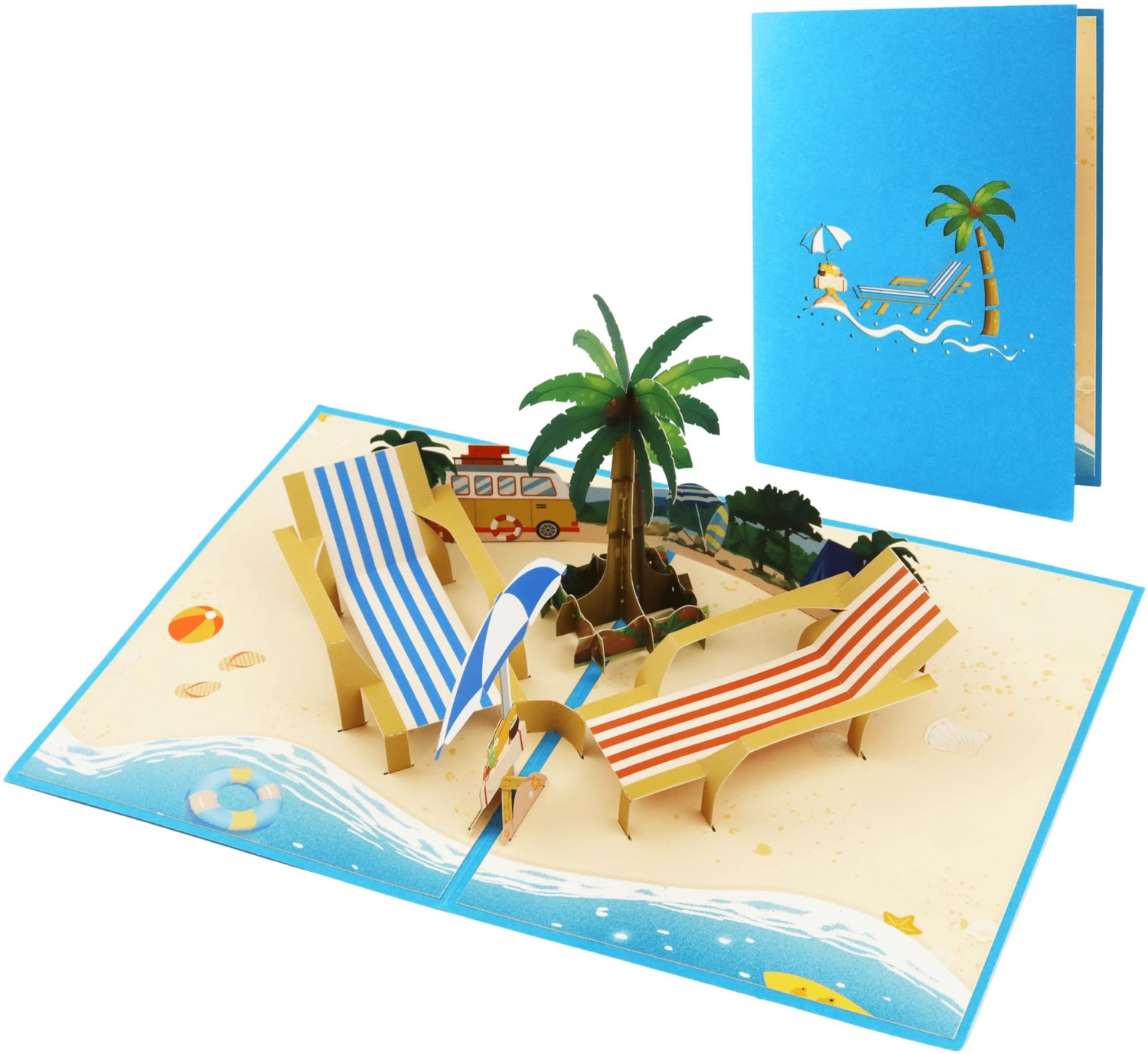 DORAFIORA® Pop-up kaart strandscène - 3D ligstoelen & palmboom | perfecte zomer & vakantie kaart voor verjaardag | incl. envelop