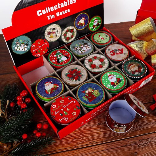 12 stuks kerstkaarsblik, lege kaarsenblikken potten met deksels, kerstsnoepblikken doosjes ronde kleine kerstkoekjes blik voor snoep, koekjes, feestartikelen, kaarsen maken — afbeelding 2