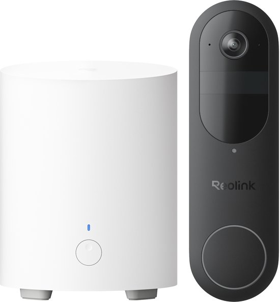 Reolink deurbel in zwart naast een witte cilindervormige Reolink Home Hub.