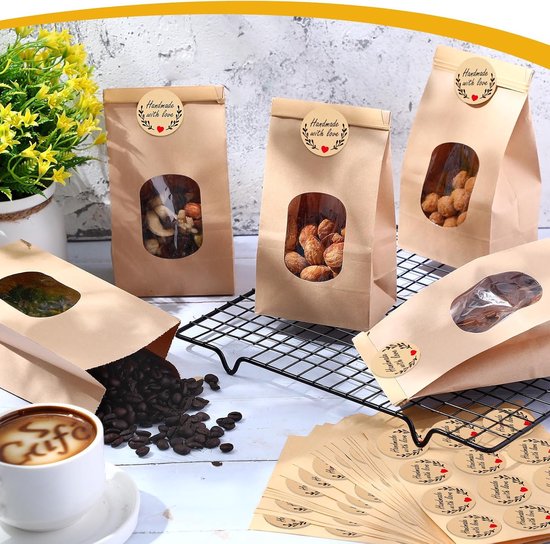 25 stuks papieren zakken met venster, bruine koekjeszakjes van kraftpapier, 17 x 9 x 6 cm, kleine koekjeszakjes met venster, kraftpapieren zakjes, cadeauzakjes met stickers, voor snoep — afbeelding 3