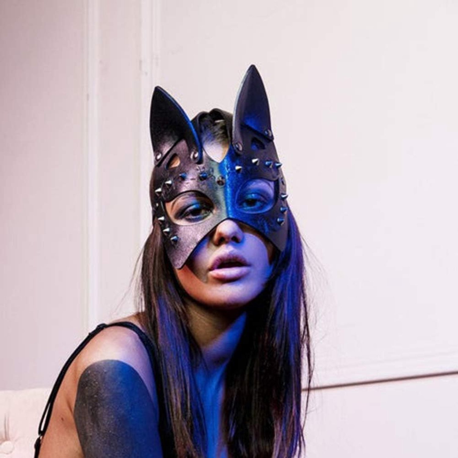 Annadue Kat Oor PU Leder Studs Masker Half Gezicht Cosplay