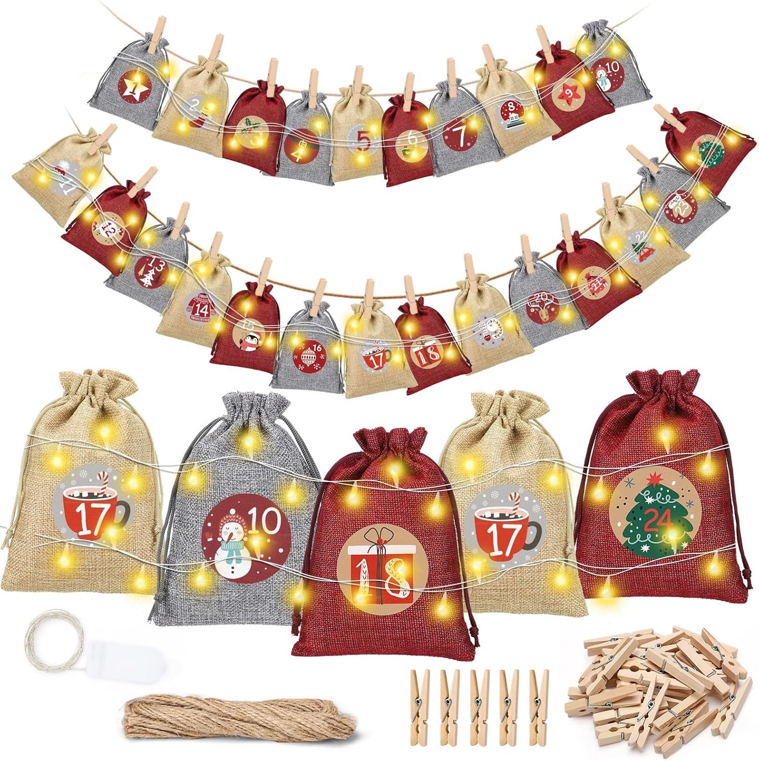woric Adventskalender om te vullen, 24 jute zakjes met klemmen, lichtketting, kerstkalender om te vullen, grote adventskalender 2025 zakjes voor Kerstmis (rood, grijs en kaki)
