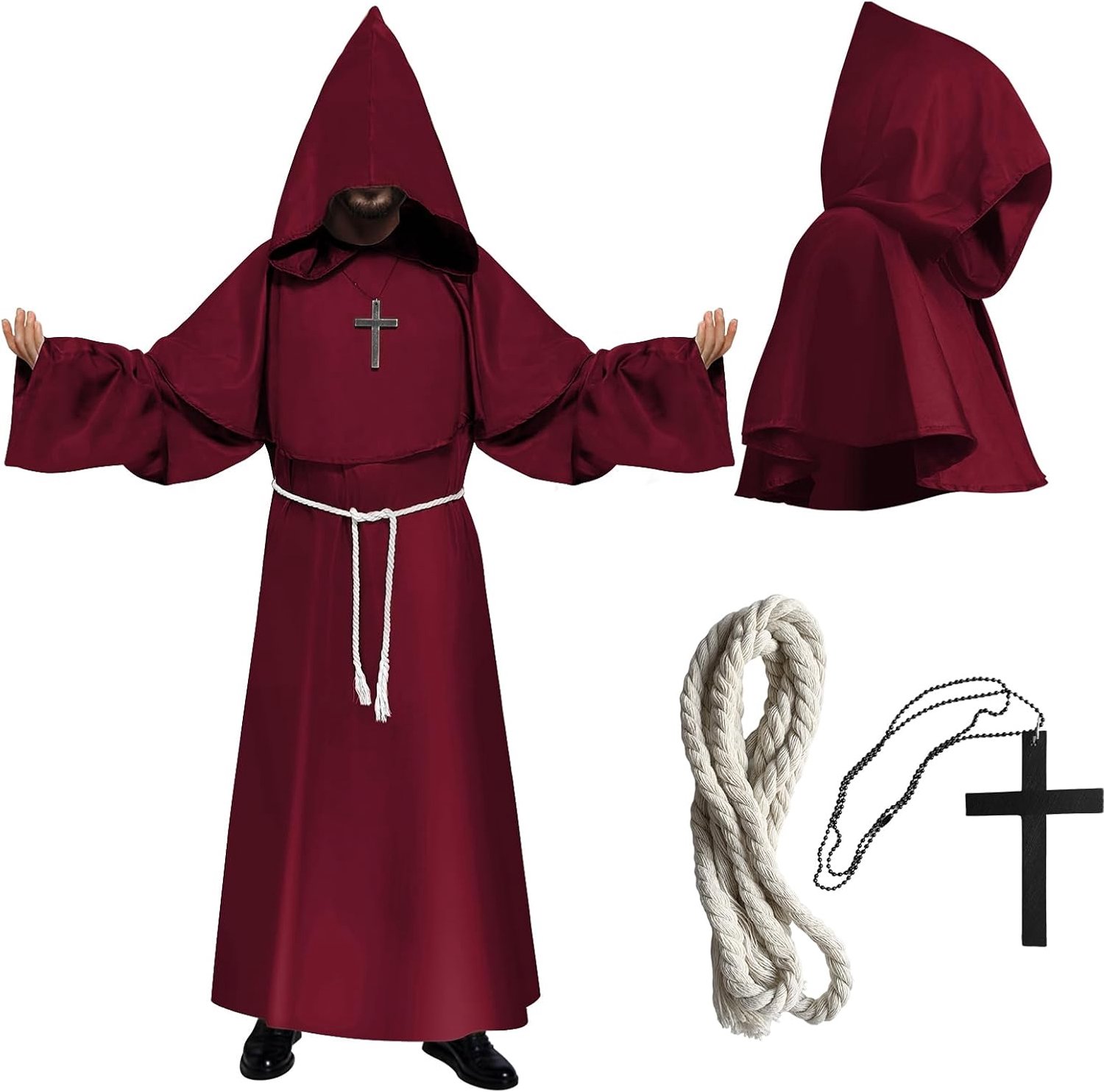 Monnikenkostuum voor heren, middeleeuwse cape met grote capuchon, kruisketting, touwriem, uniseks cosplay monnikskutte, priesterkostuum voor heren en dames