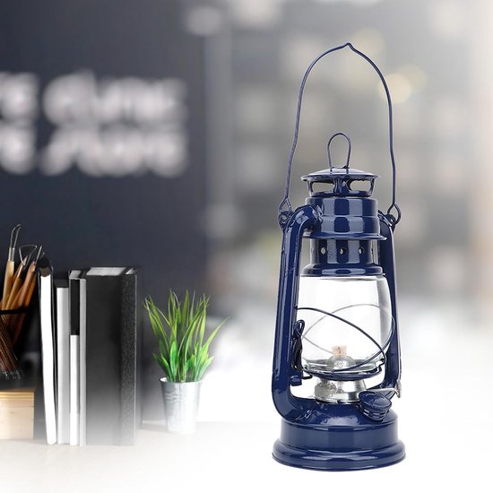 Vintage Kerosinelamp Antieke Olie Lantaarn Rustieke Ijzeren Lamp met Glas voor Woninginrichting Party Blauw/rood (Blauw) — afbeelding 2