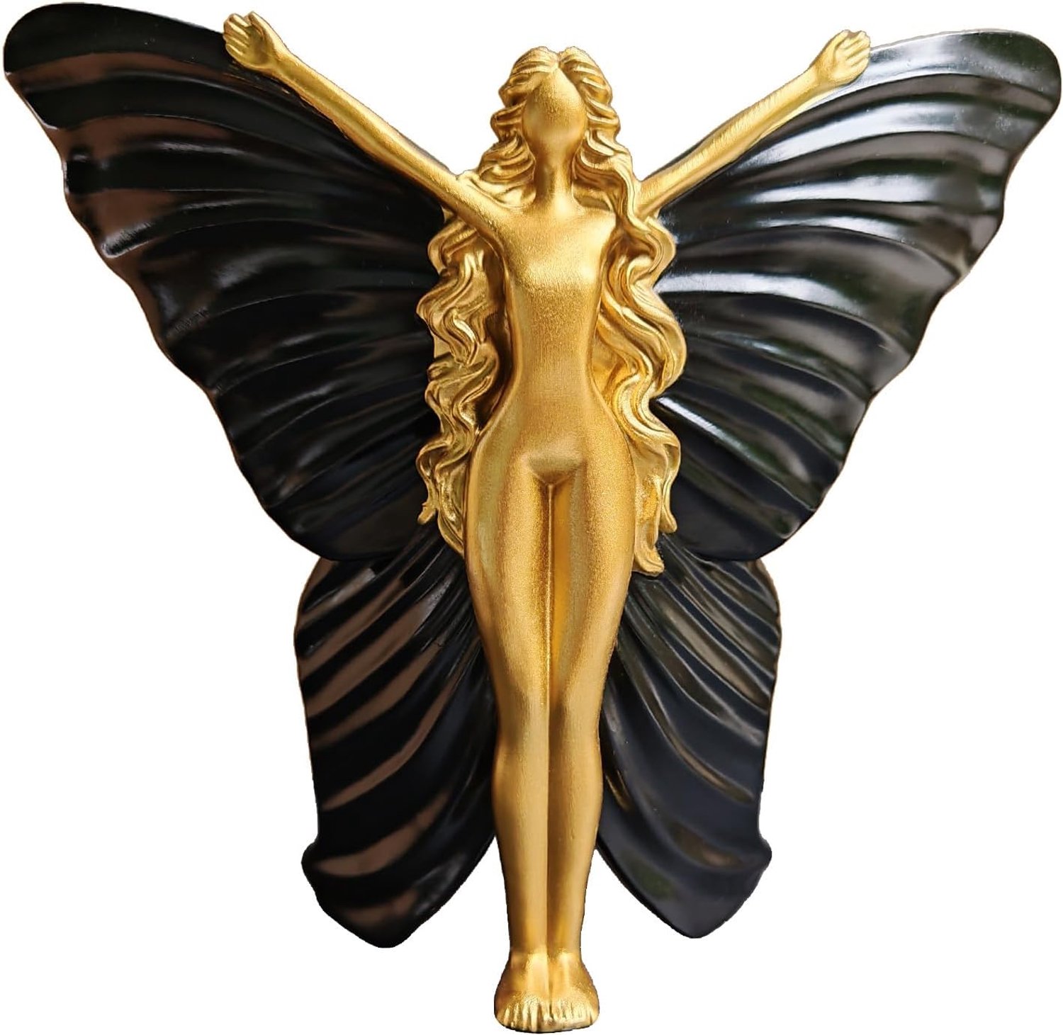 Zwart goud sculptuur vrouw vlinder - modern decoratief beeld voor huis, figuur van hars voor woonkamer, kantoor en slaapkamer